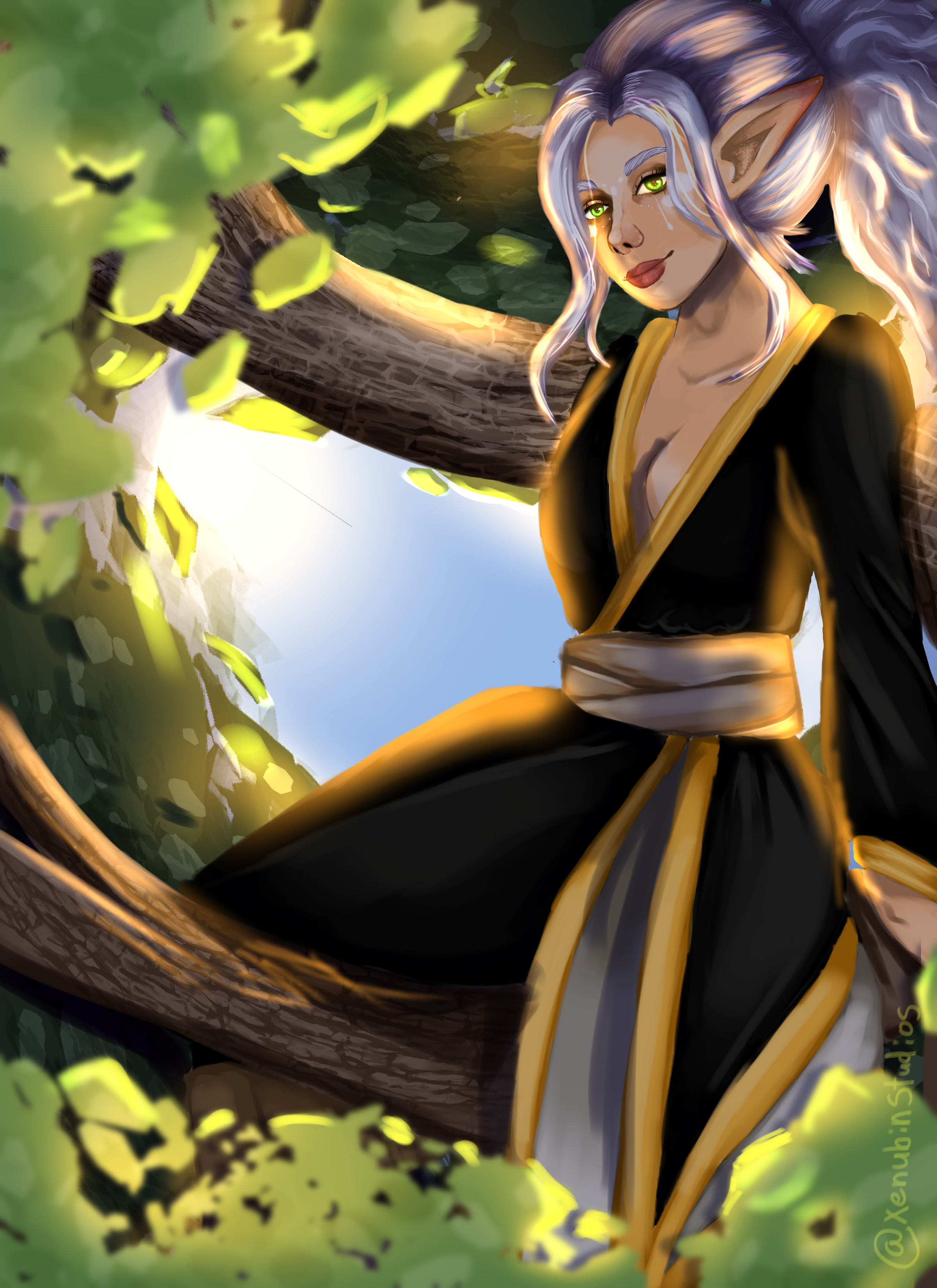 A digital painting of a DND oc, an elf sitting in a tree.