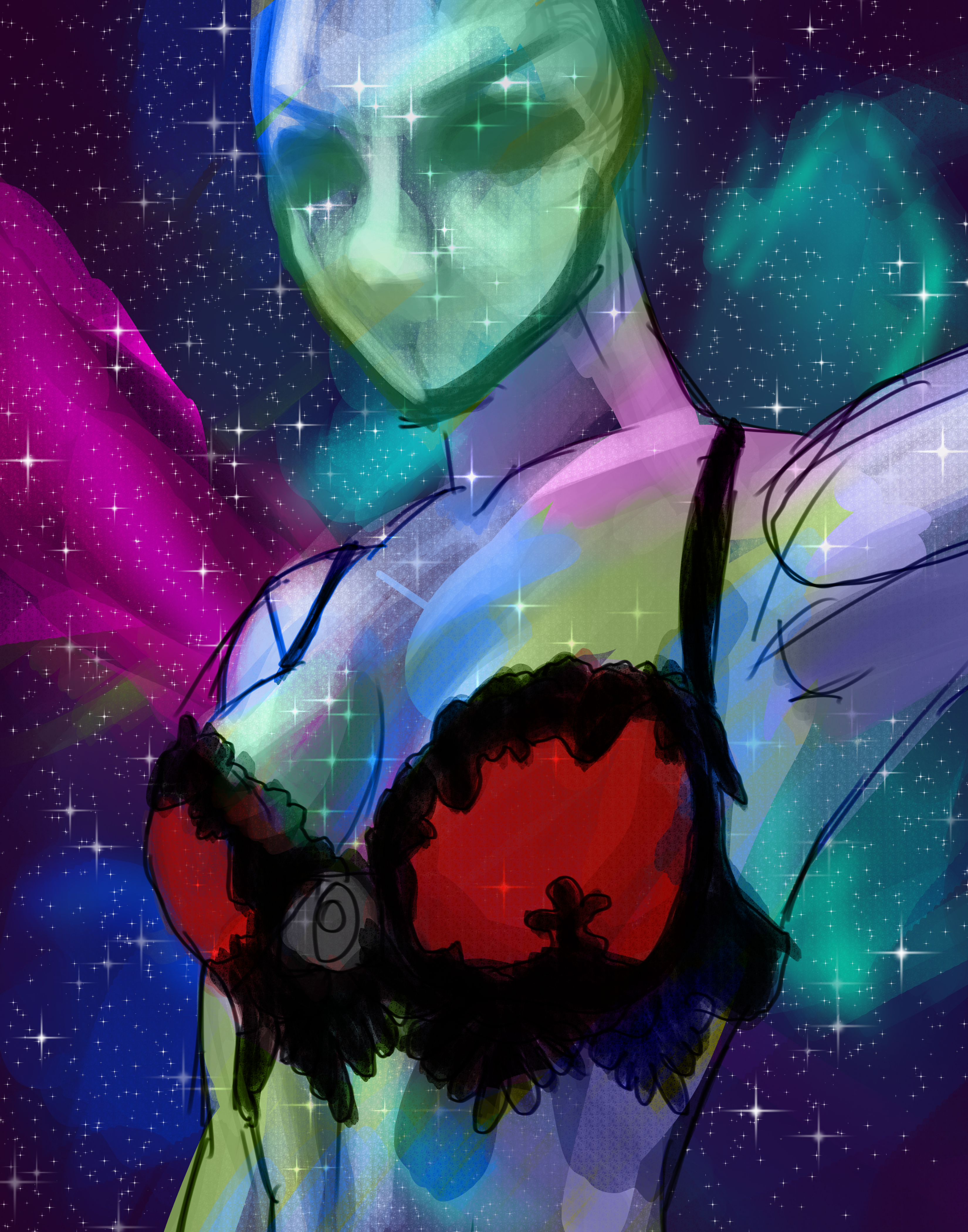 A digital portrait of woman made of galaxy.