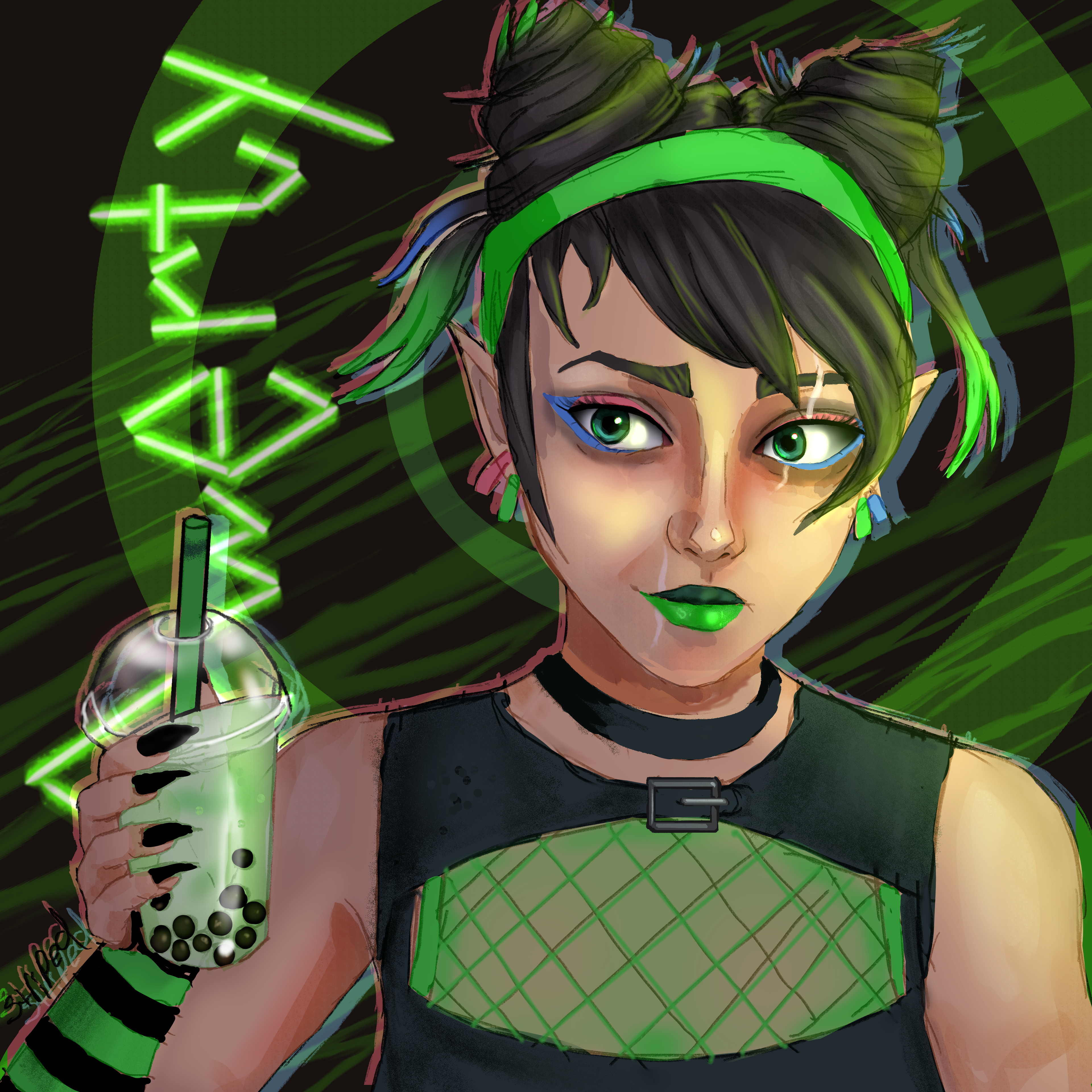 A digital portrait of a woman wearing black and neon green