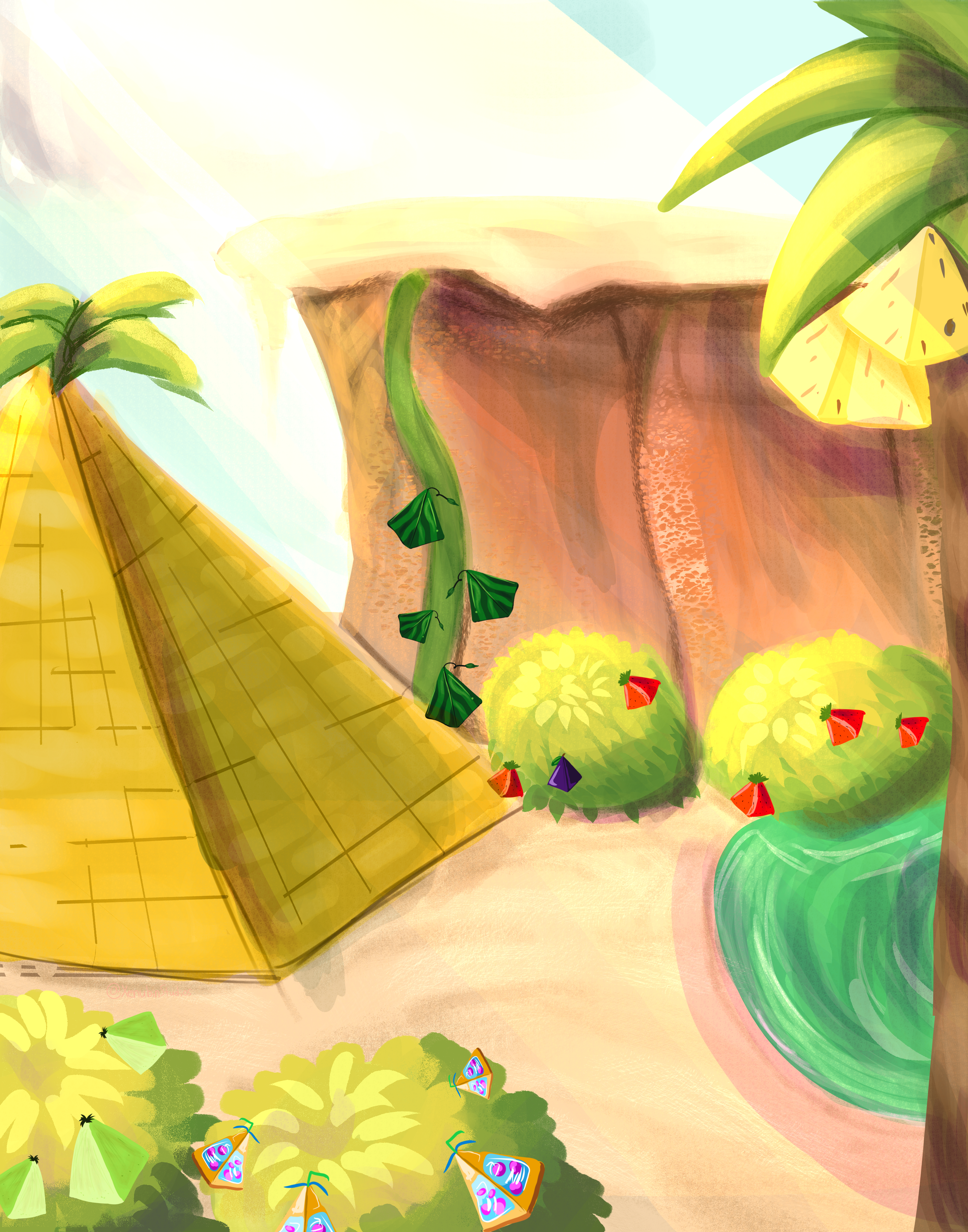 A digital painting of a dessert with fruits from neopets.