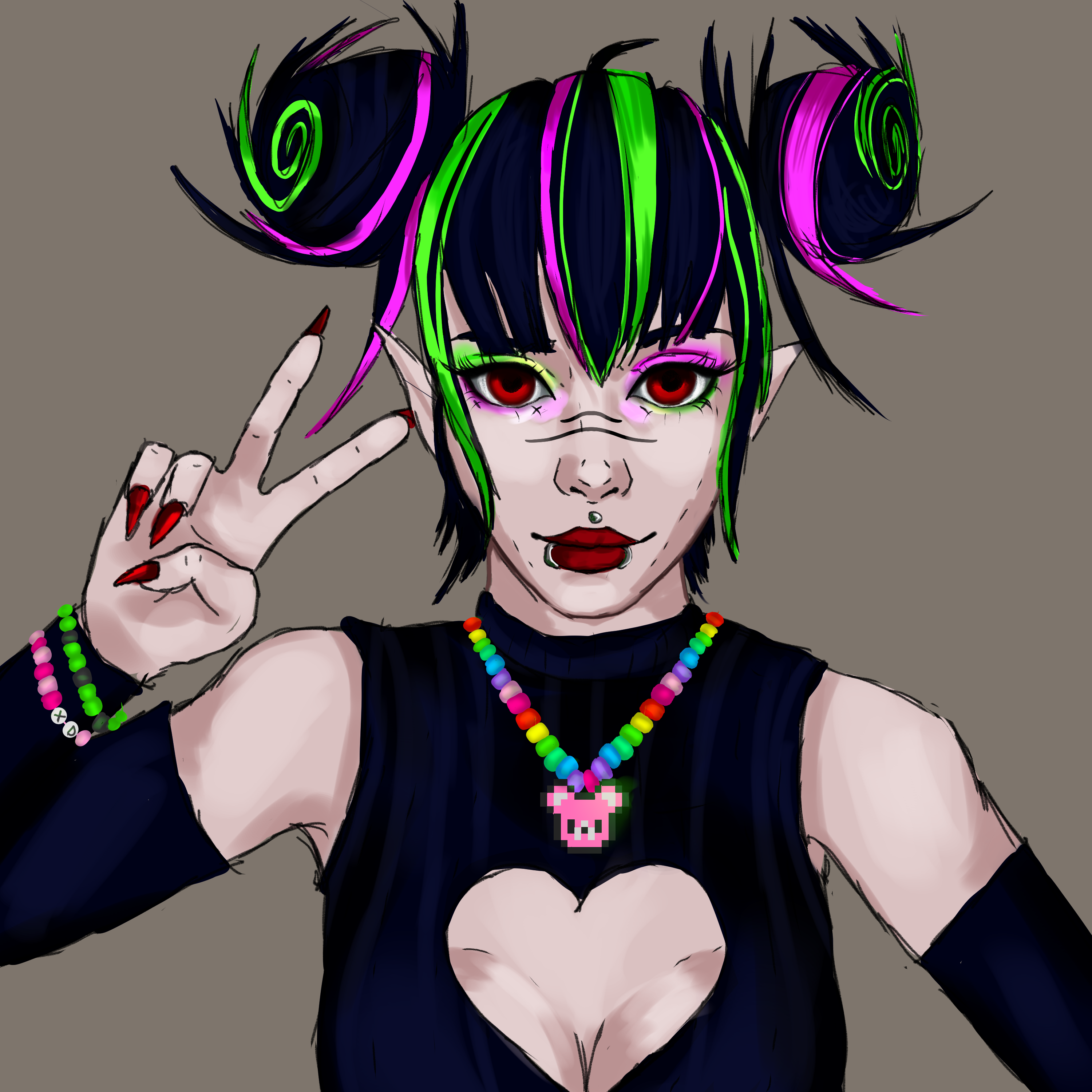 A digital colored sketch of a girl with brightly colored highlights in her hair.