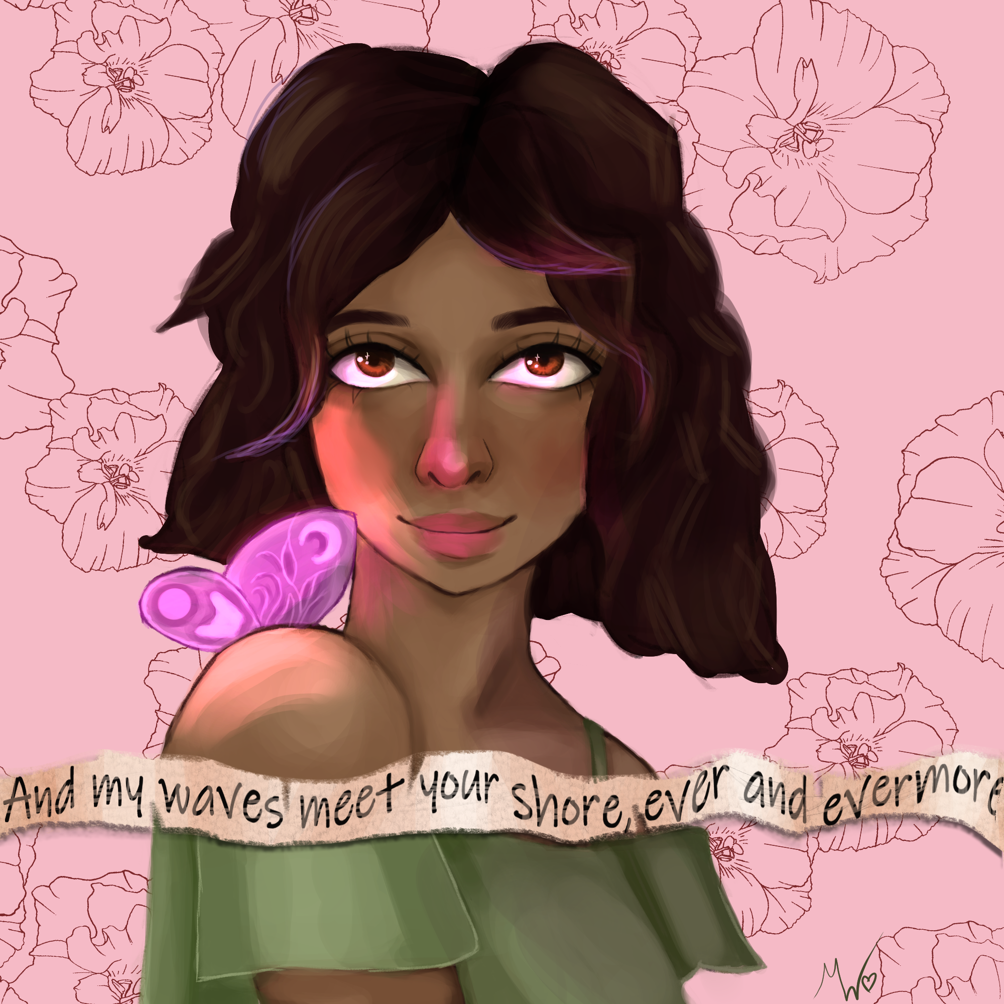 Digital art of a girl with brown hair with a banner in front of her containing lyrics from Evermore by Taylor Swift.