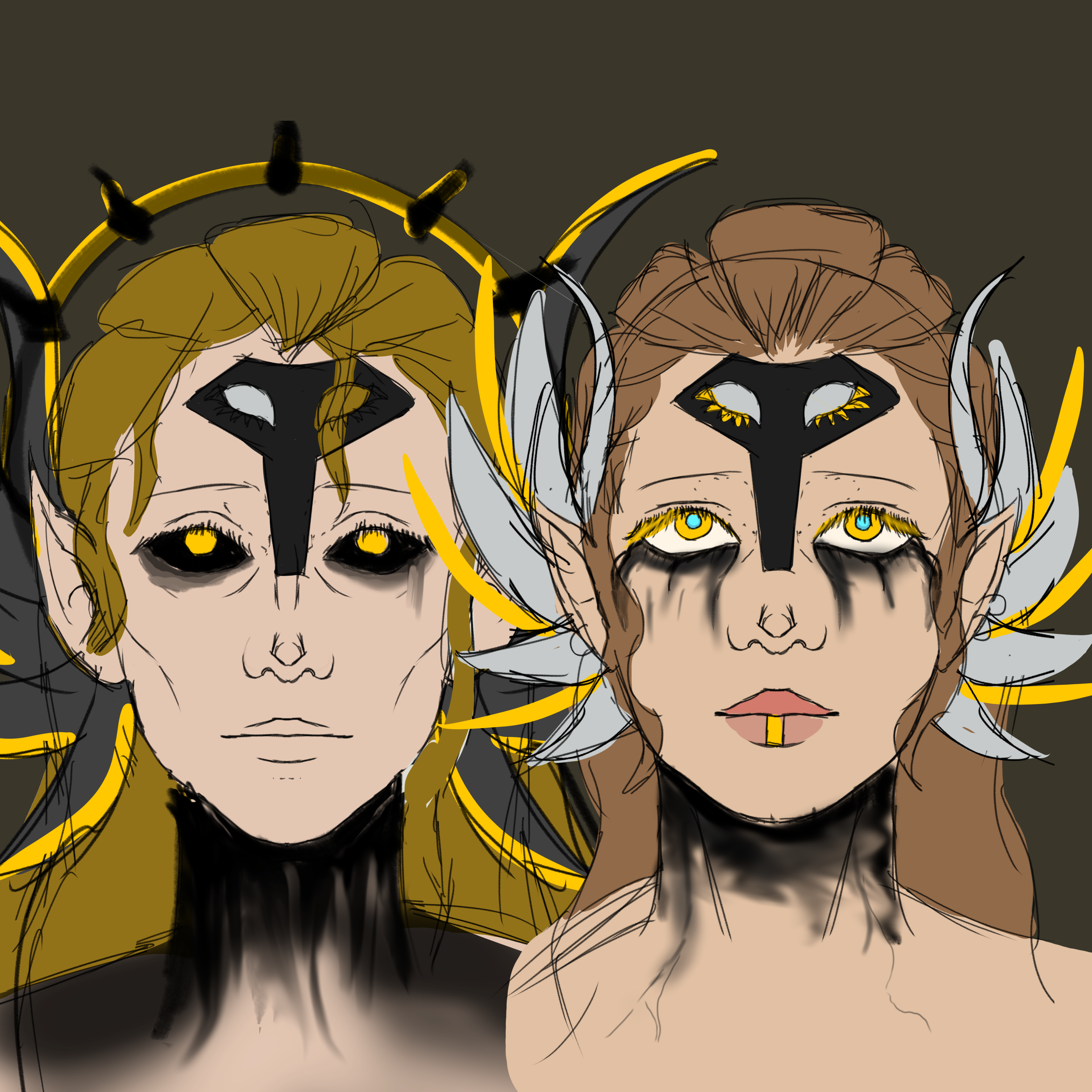 A digital concept sketch for a character with two forms