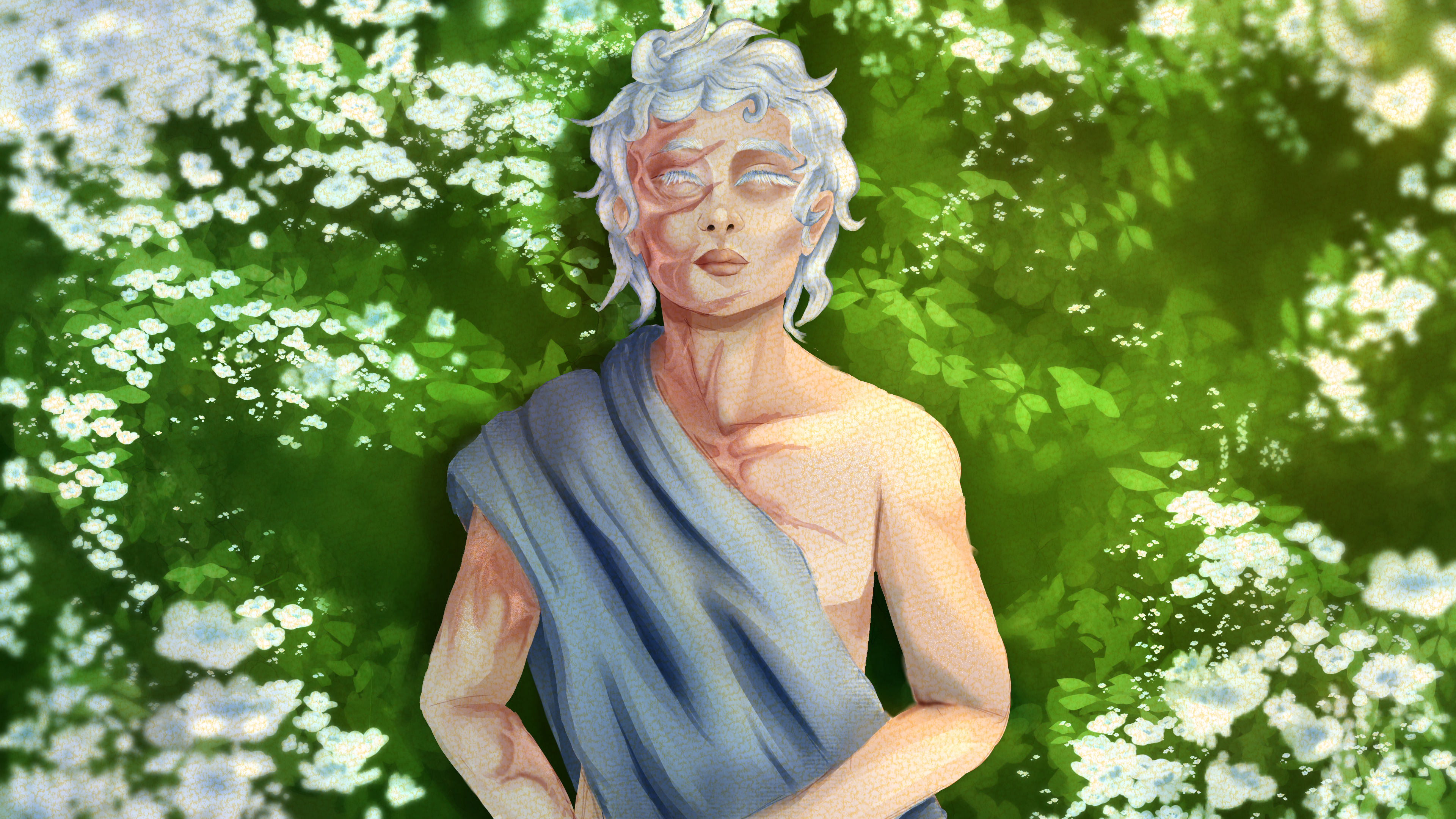 A digital portrait of a man with white hair laid to rest in a field of flowers 