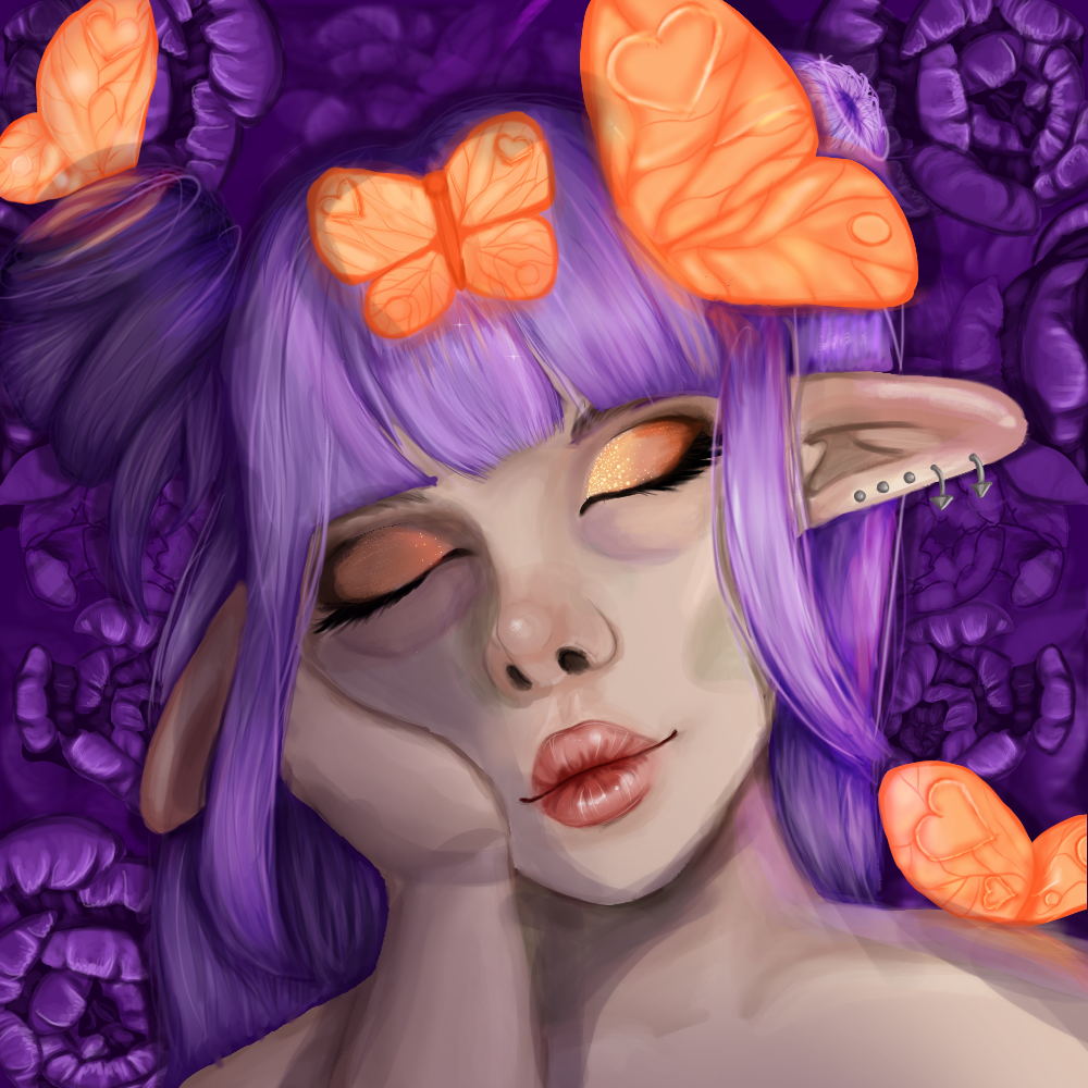 Portrait of an elf girl with purple hair and orange butterflies on her.