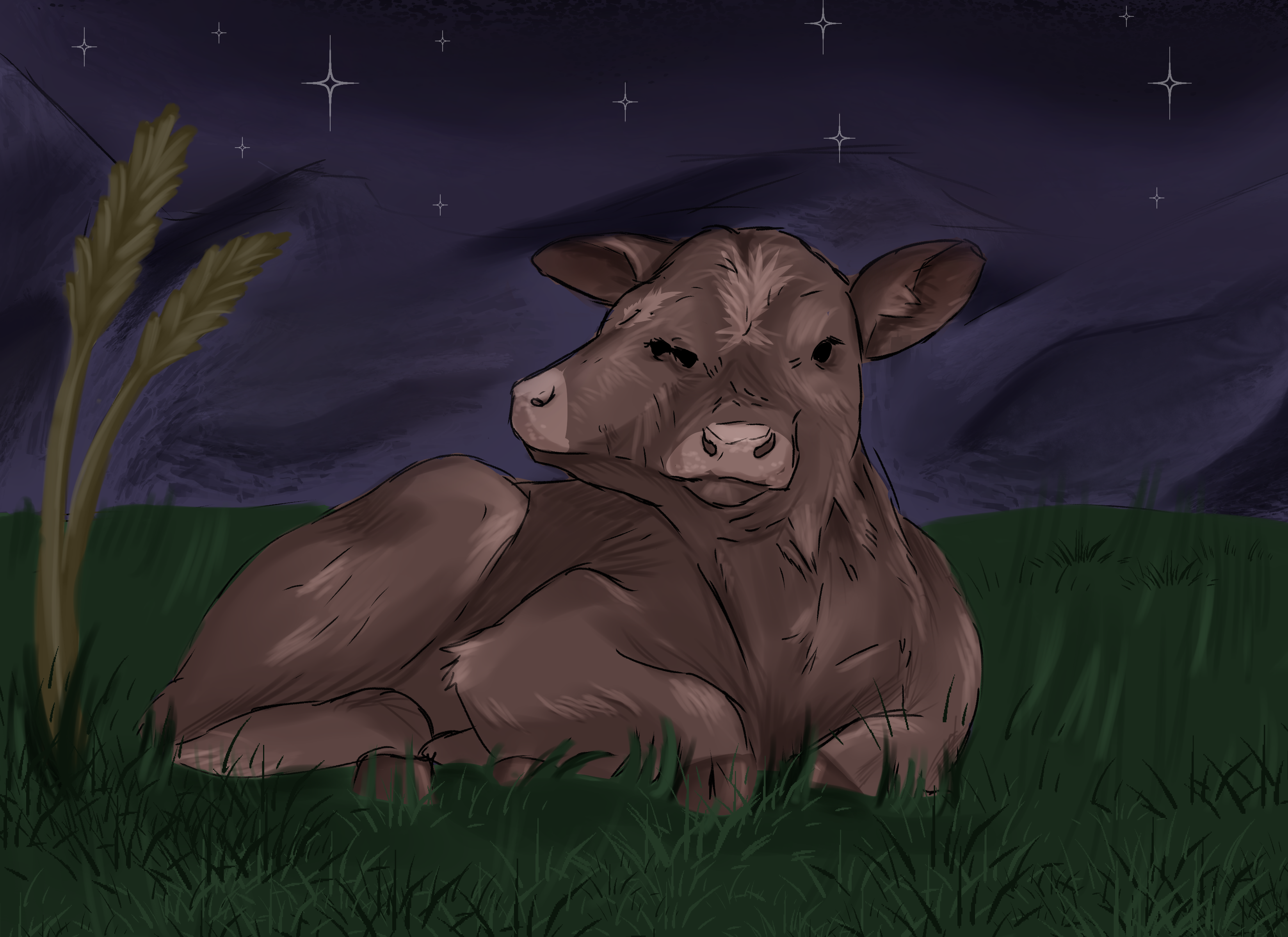 A digital painting of a calf with two faces under the night sky.