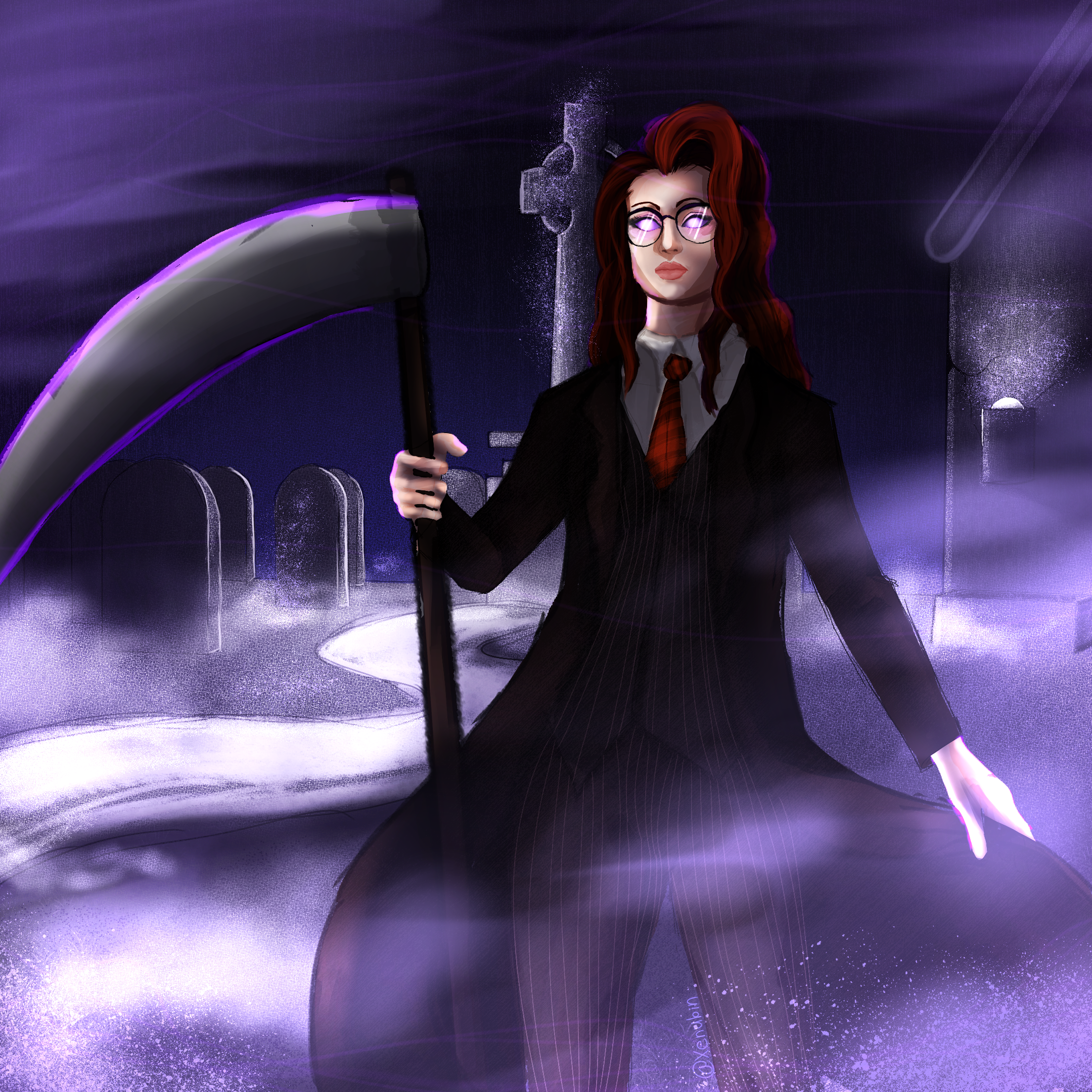 A digital portraitof a girl with a scythe