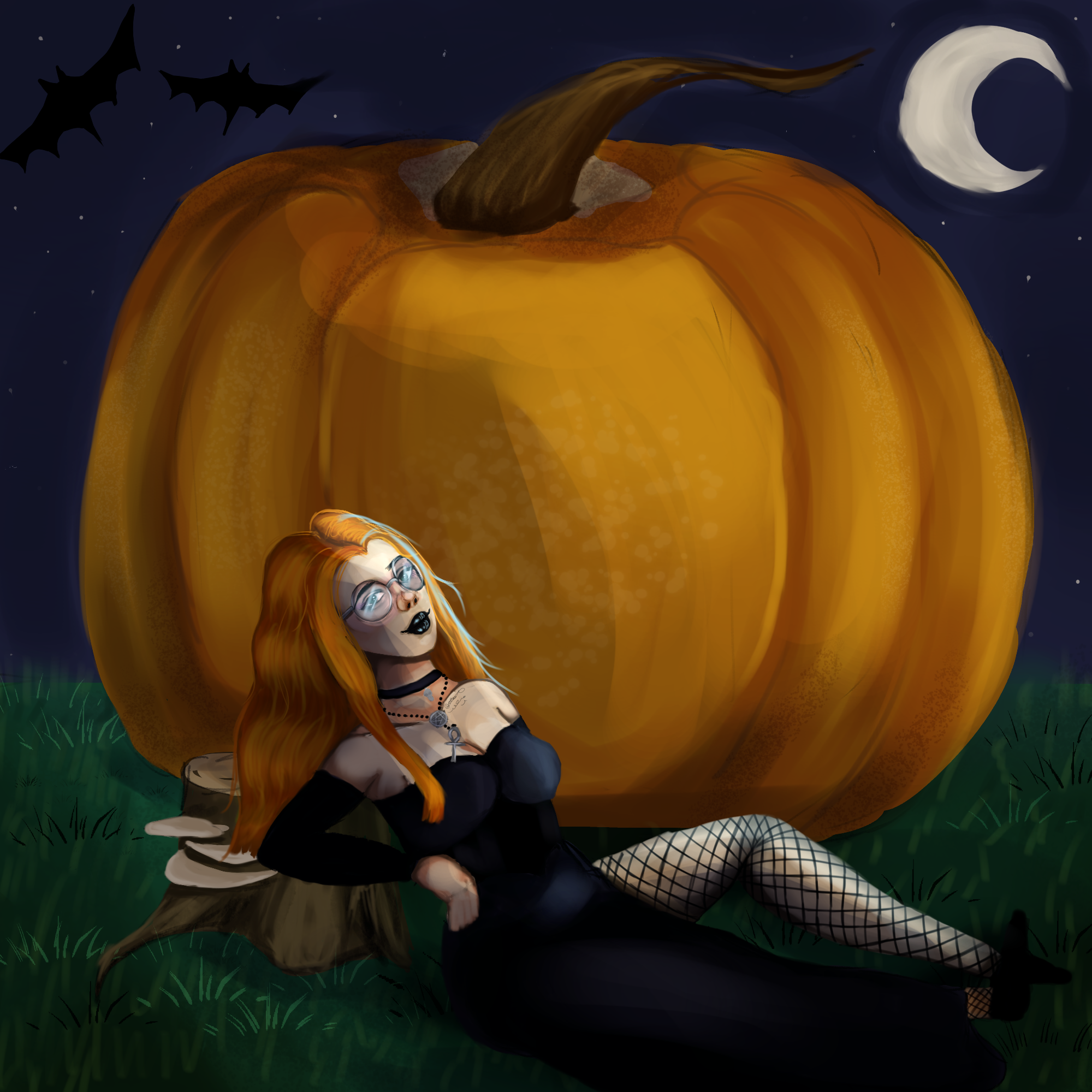 Digital art of a girl with green crimped hair riding a broom in front of a crescent moon