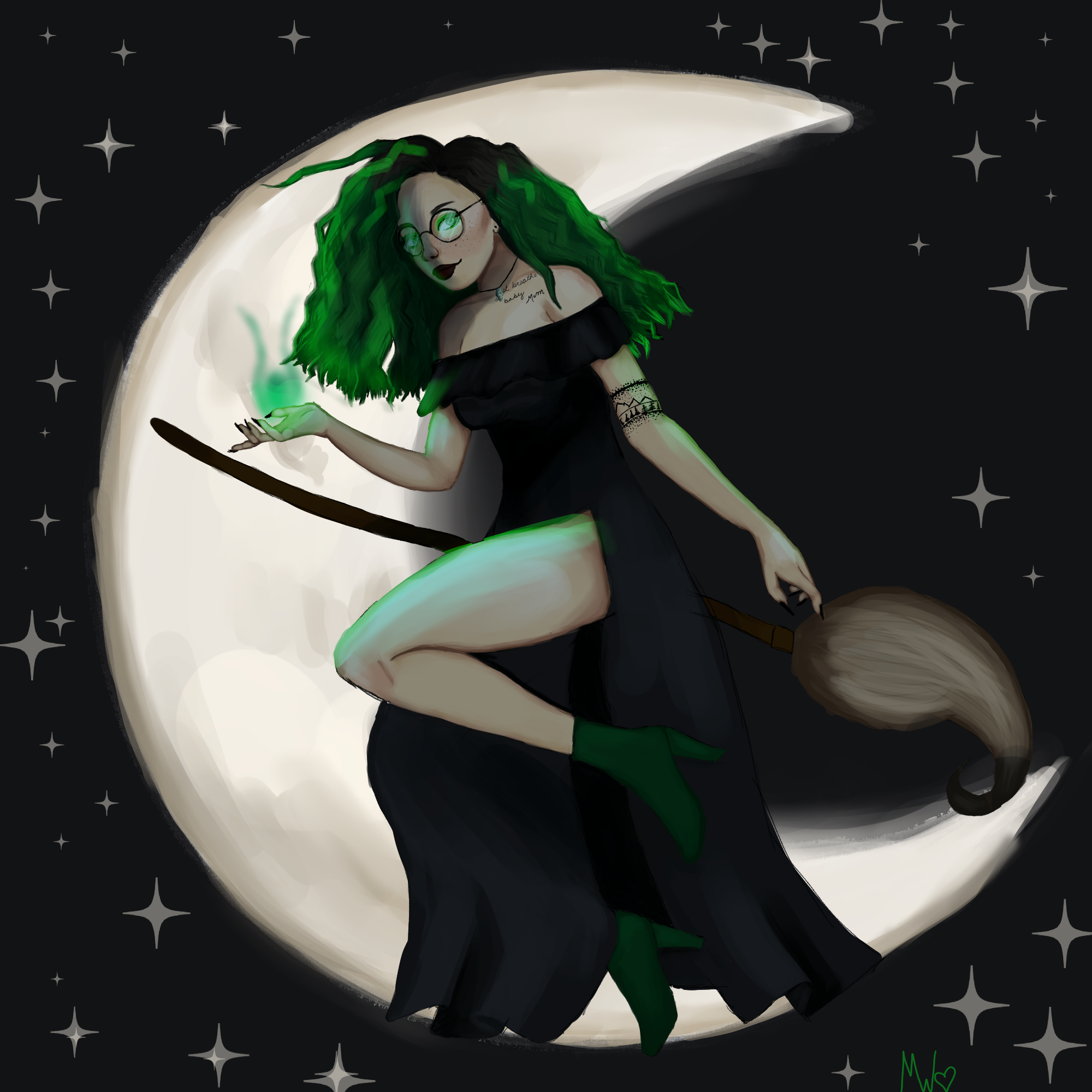 Digital art of a girl with green crimped hair riding a broom in front of a crescent moon
