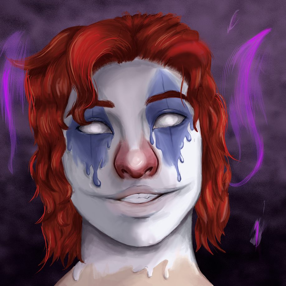 digital portrait of a clown with red hair and melting makeup.