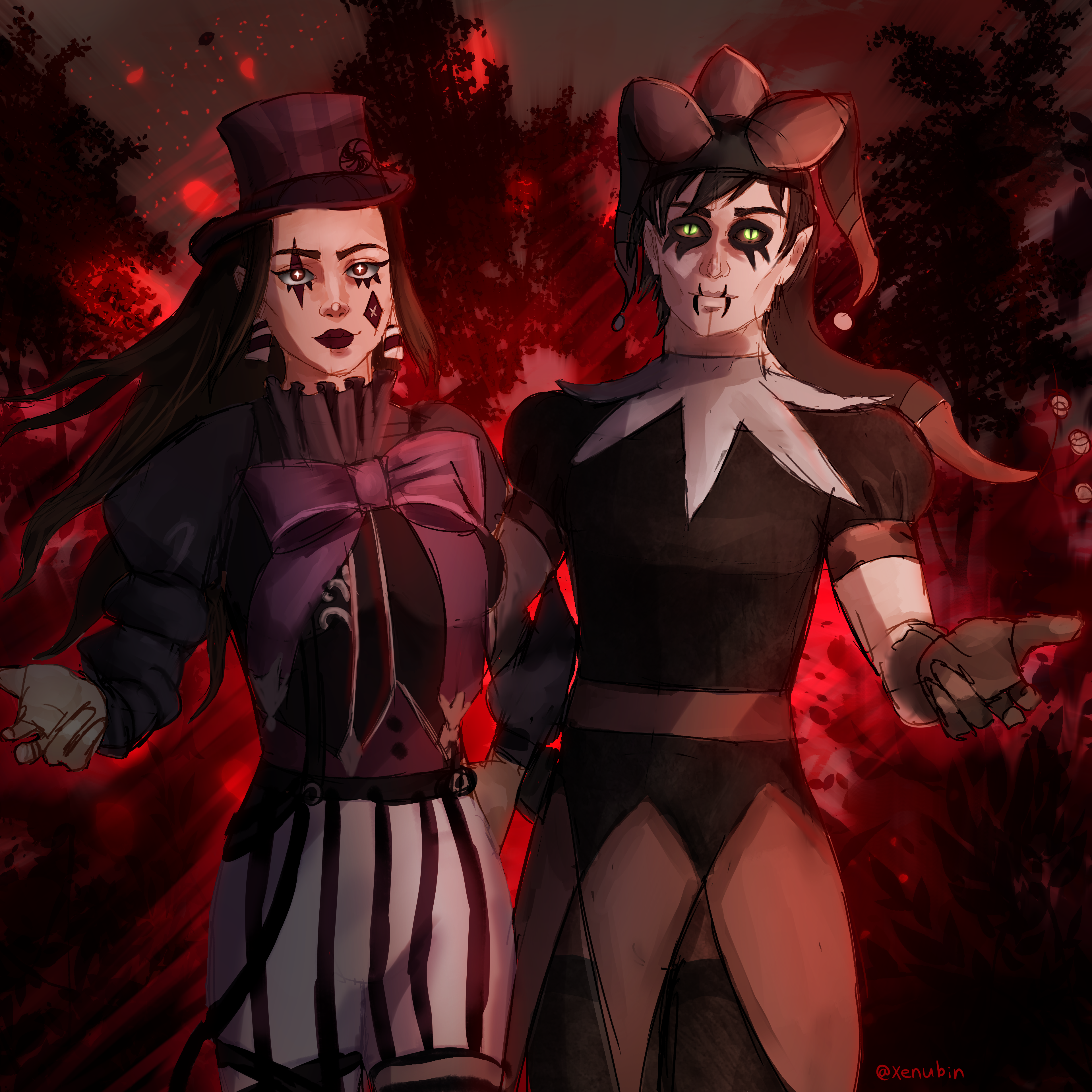 A digital portrait of a female ringleader and a male jester with a glowing red forest background.