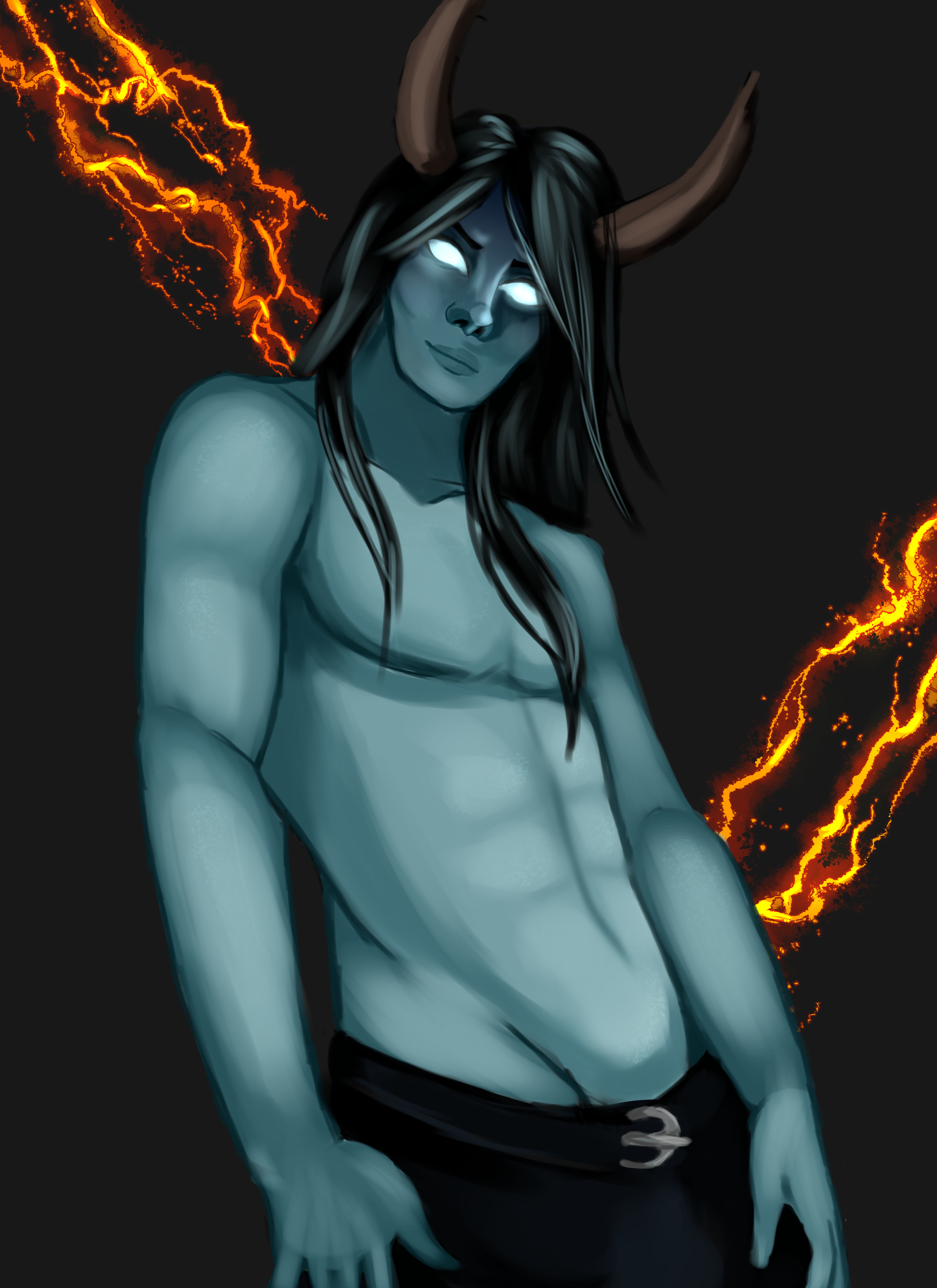 Digital art portrait of a blue demon Dungeons and Dragons OC.