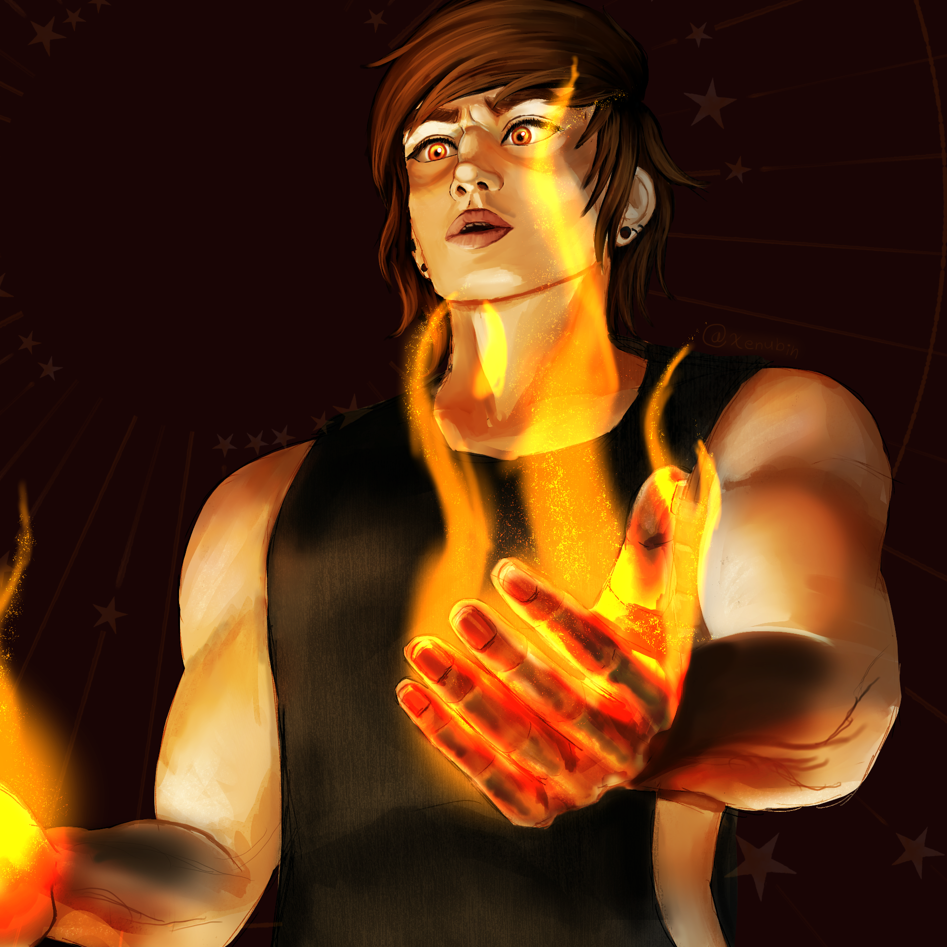 A digital portrait of a man with his hands on fire