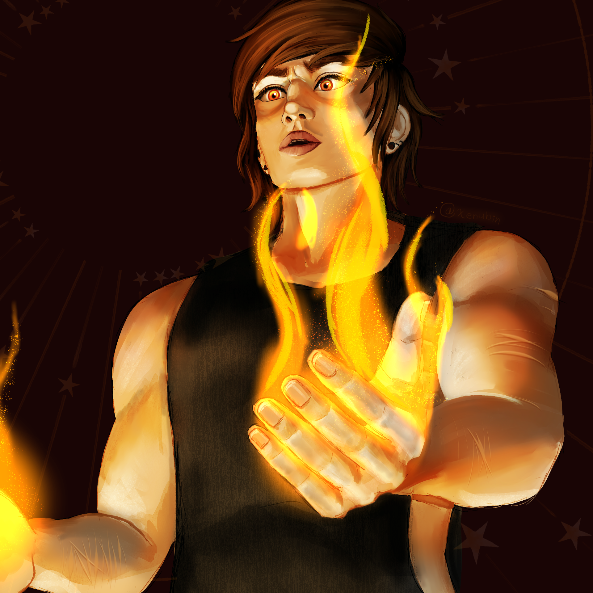 A digital portrait of a man with his hands on fire