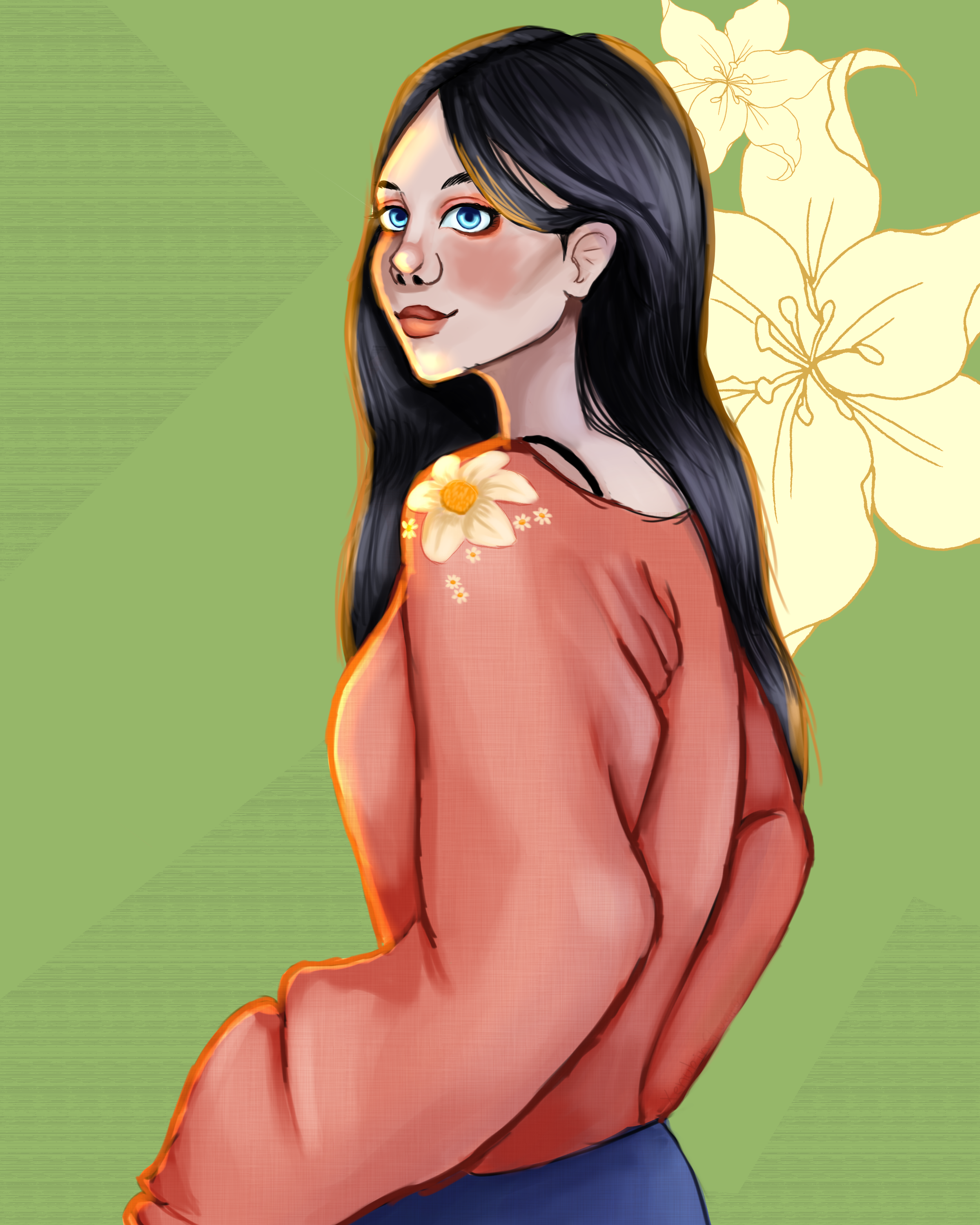 A digital portrait of woman in a peach sweater.