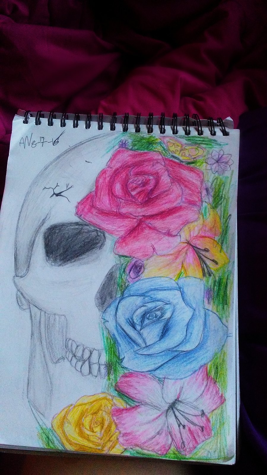 A color pencil illustration of a skill and flowers