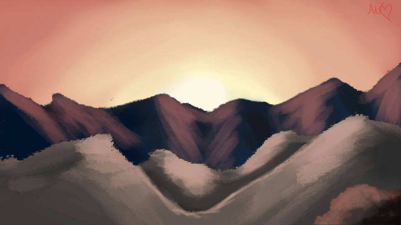 A digital colored sketch of mountains at sunset.