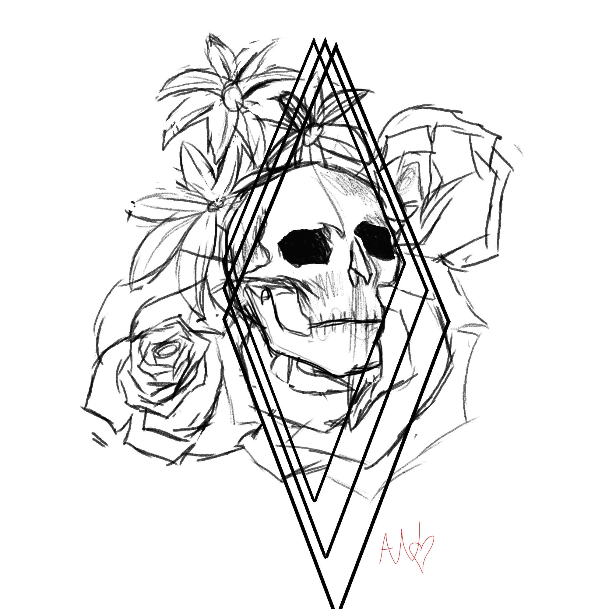 Skull and flowers Tattoo Design