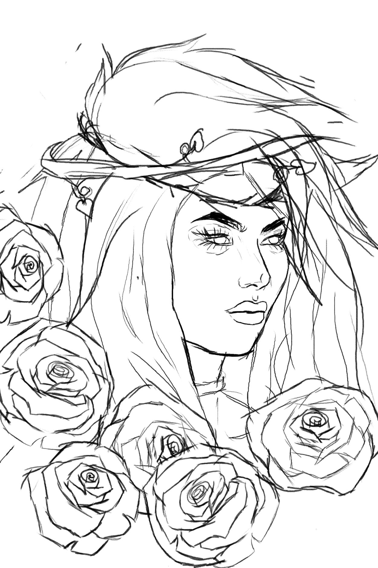 a digital sketch of a woman with a vine crown on her head and flowers near her collar
