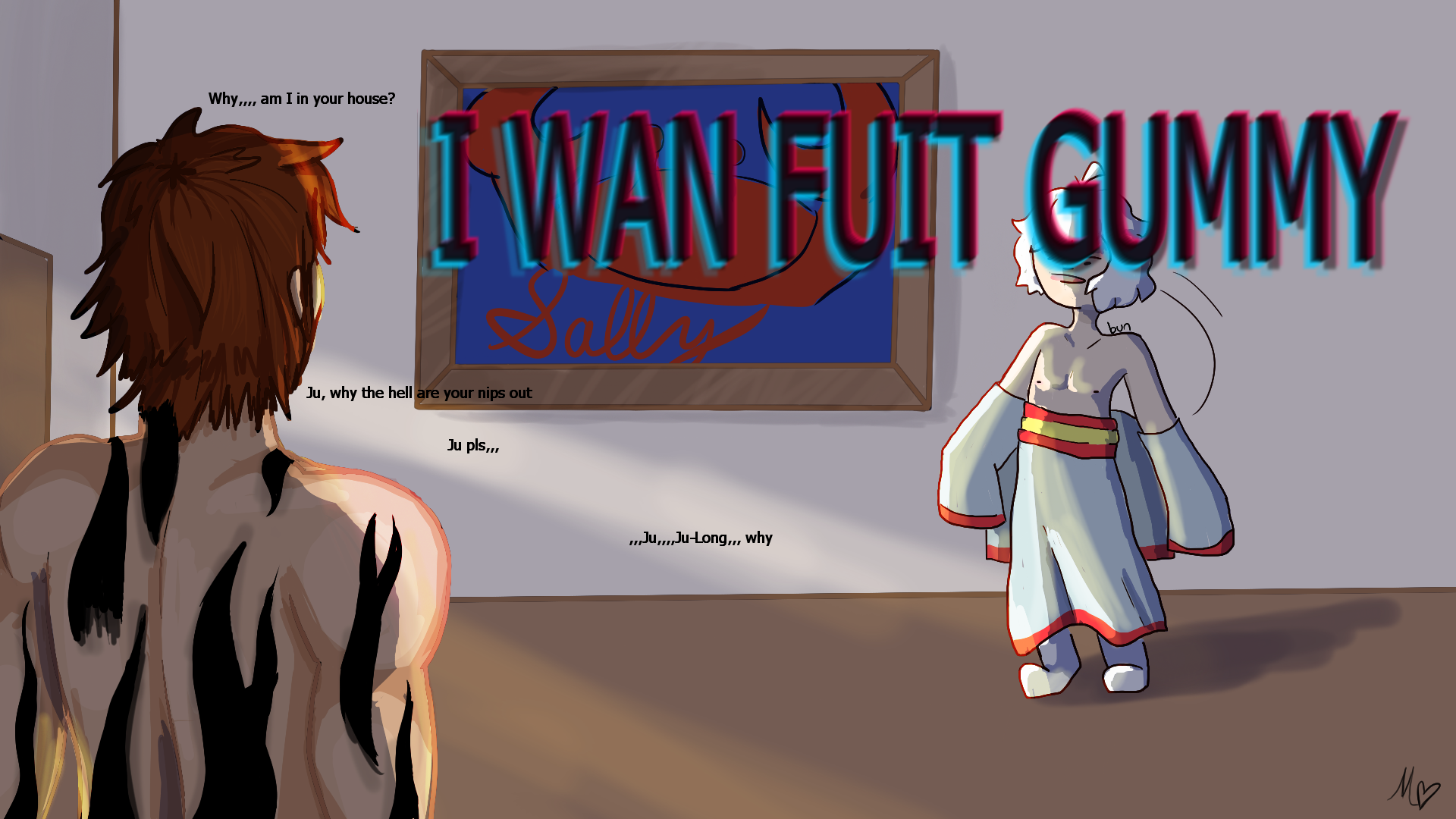 Digital art of two men, one is wearing a robe with the top portion off, the other is shirtless and seen from behind. A crab painting is on the wall. There is a large text caption that reads I wan fuit gummy.