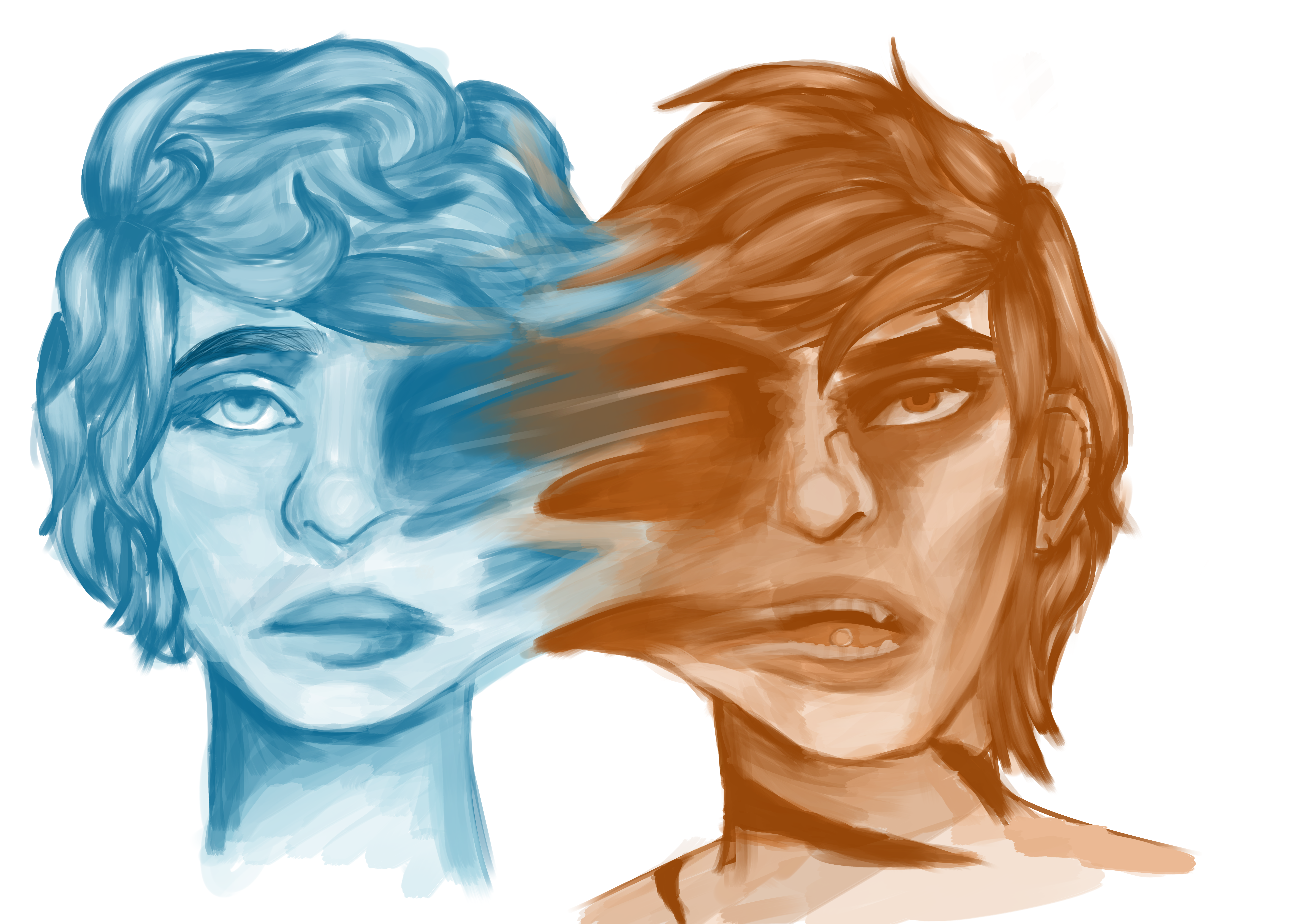 Orange and blue colored sketch of two men, Ember and Cecil, fusing into each other in the middle.