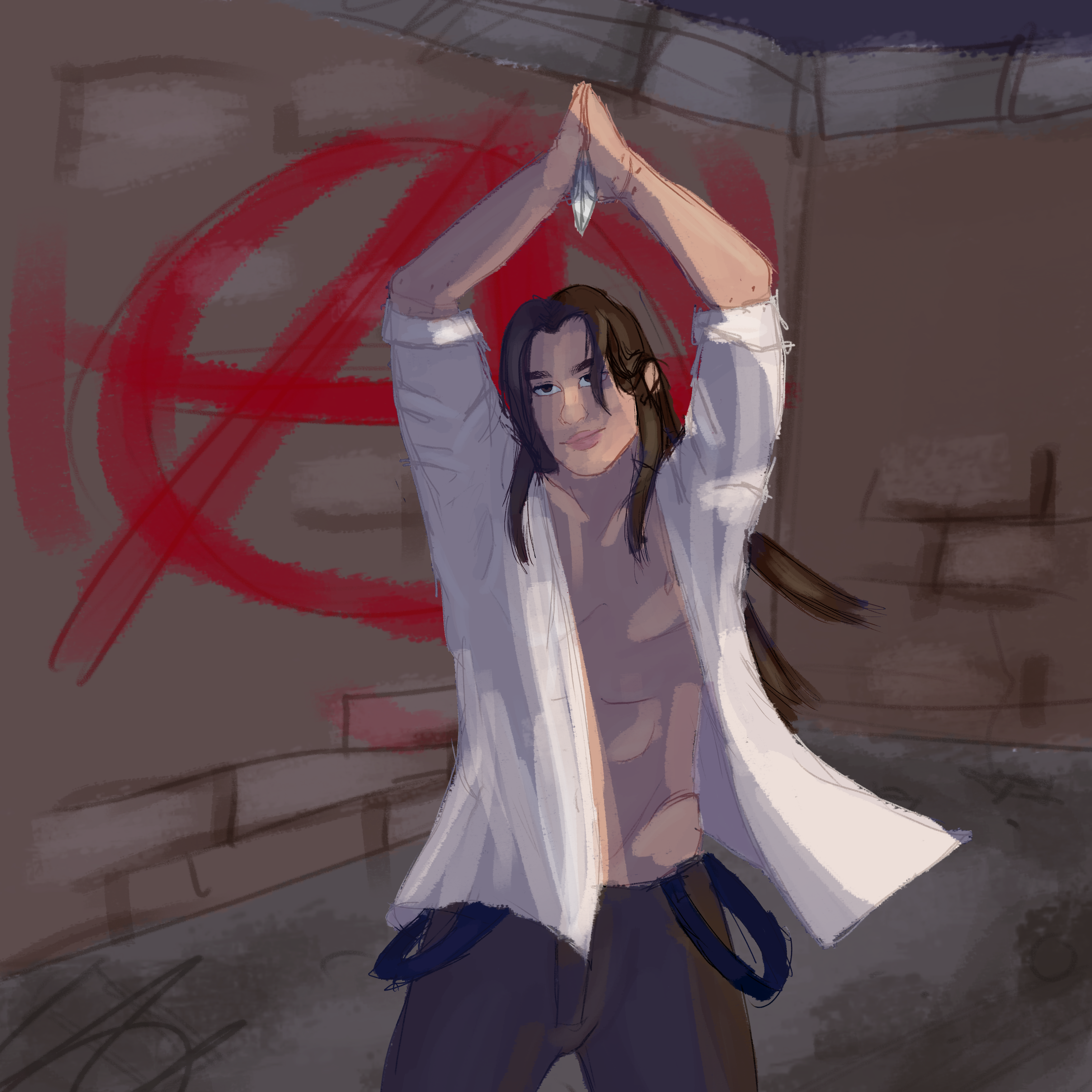 Digital art of a man with long hair, with a dagger in his hands raised above his head. his shirt is open.