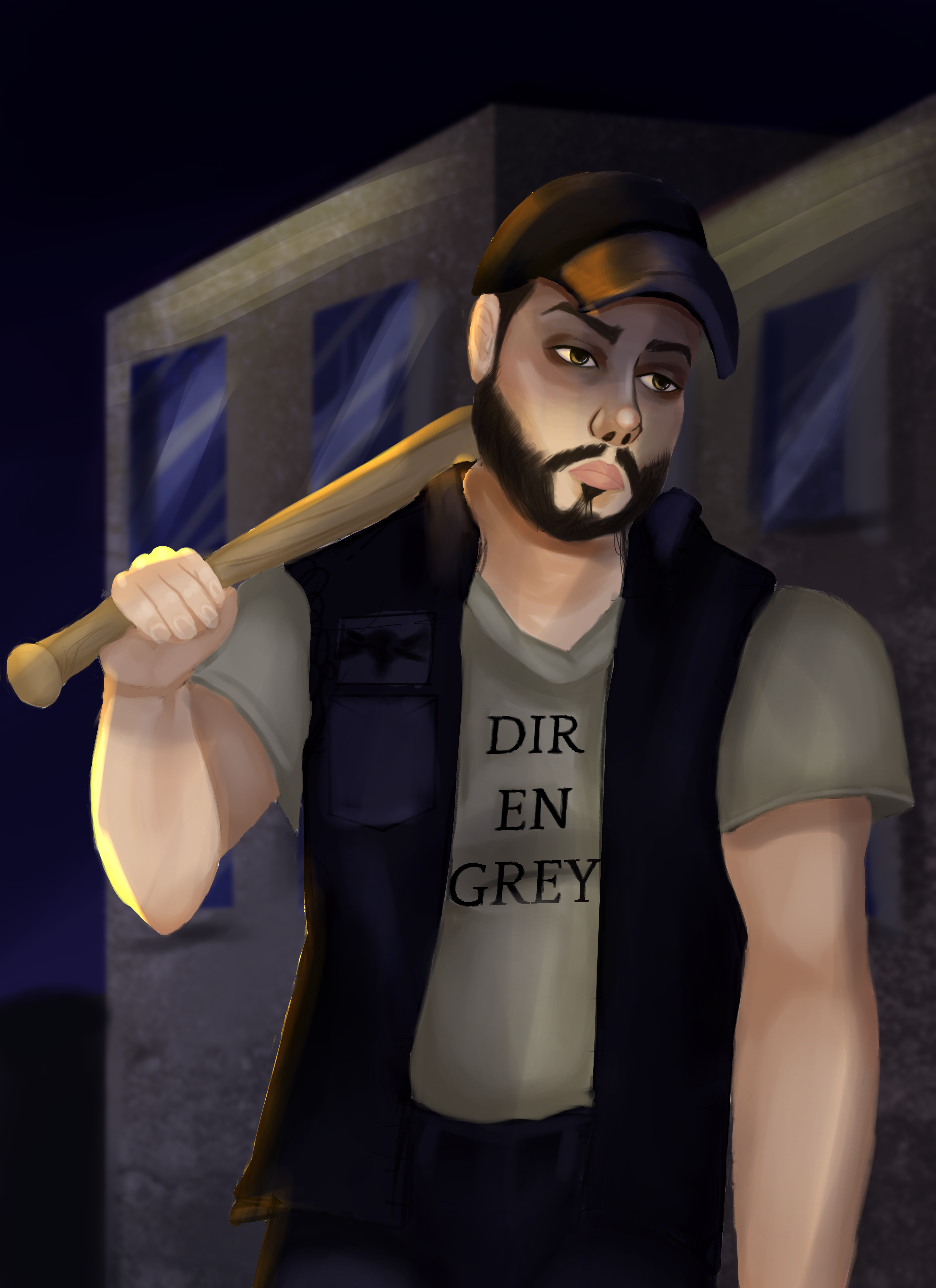 Digital art portrait of a man in a cap with a baseball bat.