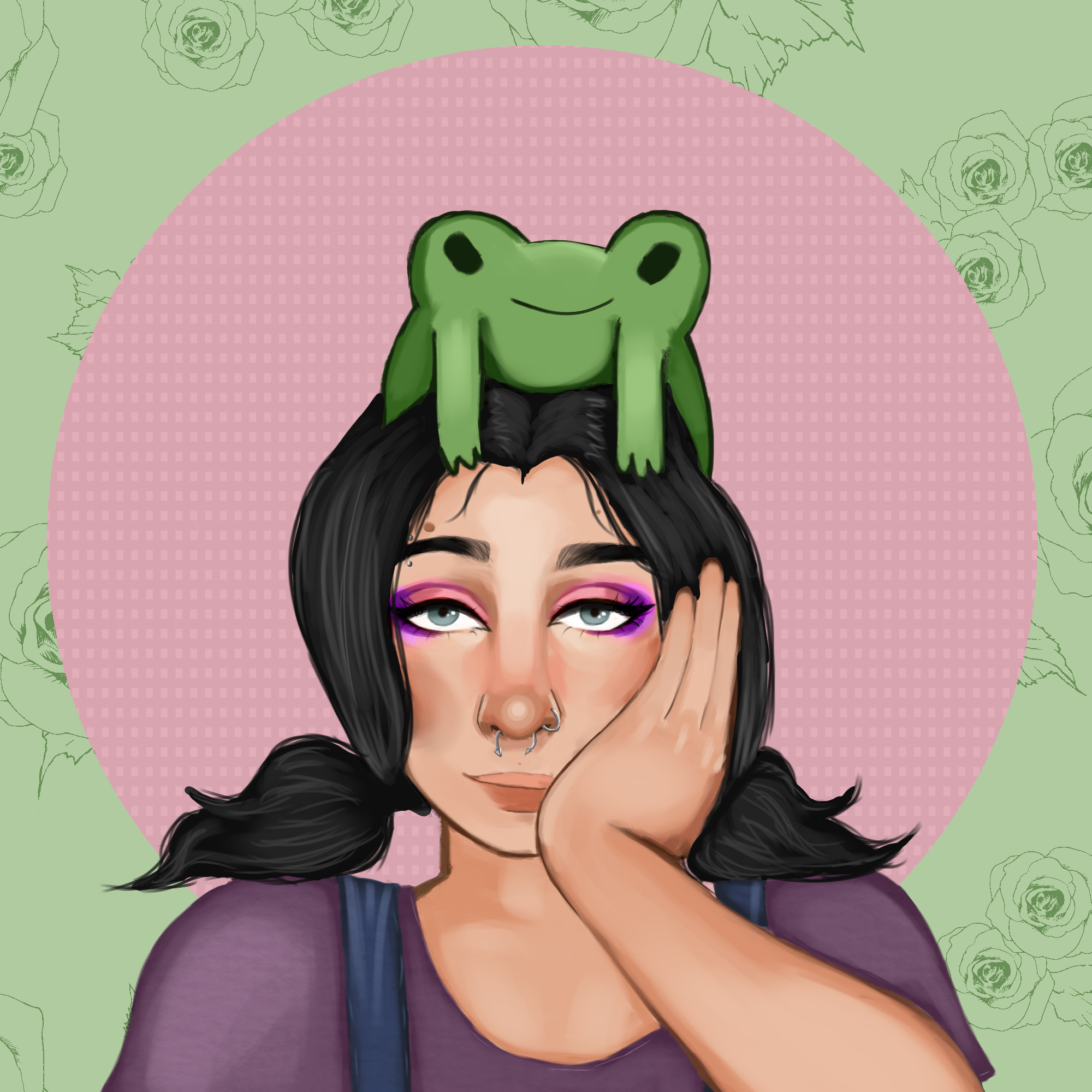 Digital art of a girl with brown hair wearing overalls with a frog on her head.