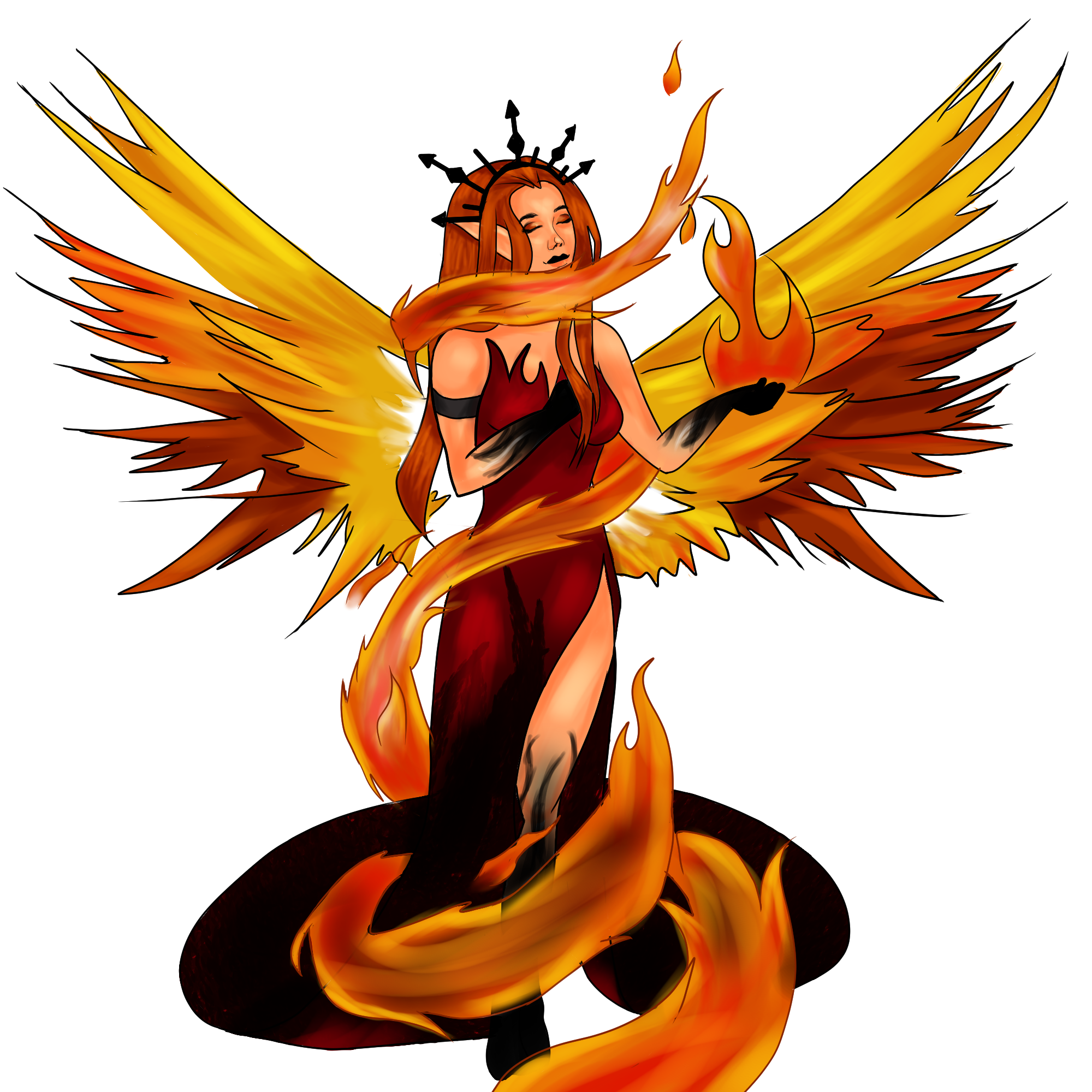 Digital art tattoo design of a firey fae woman.
