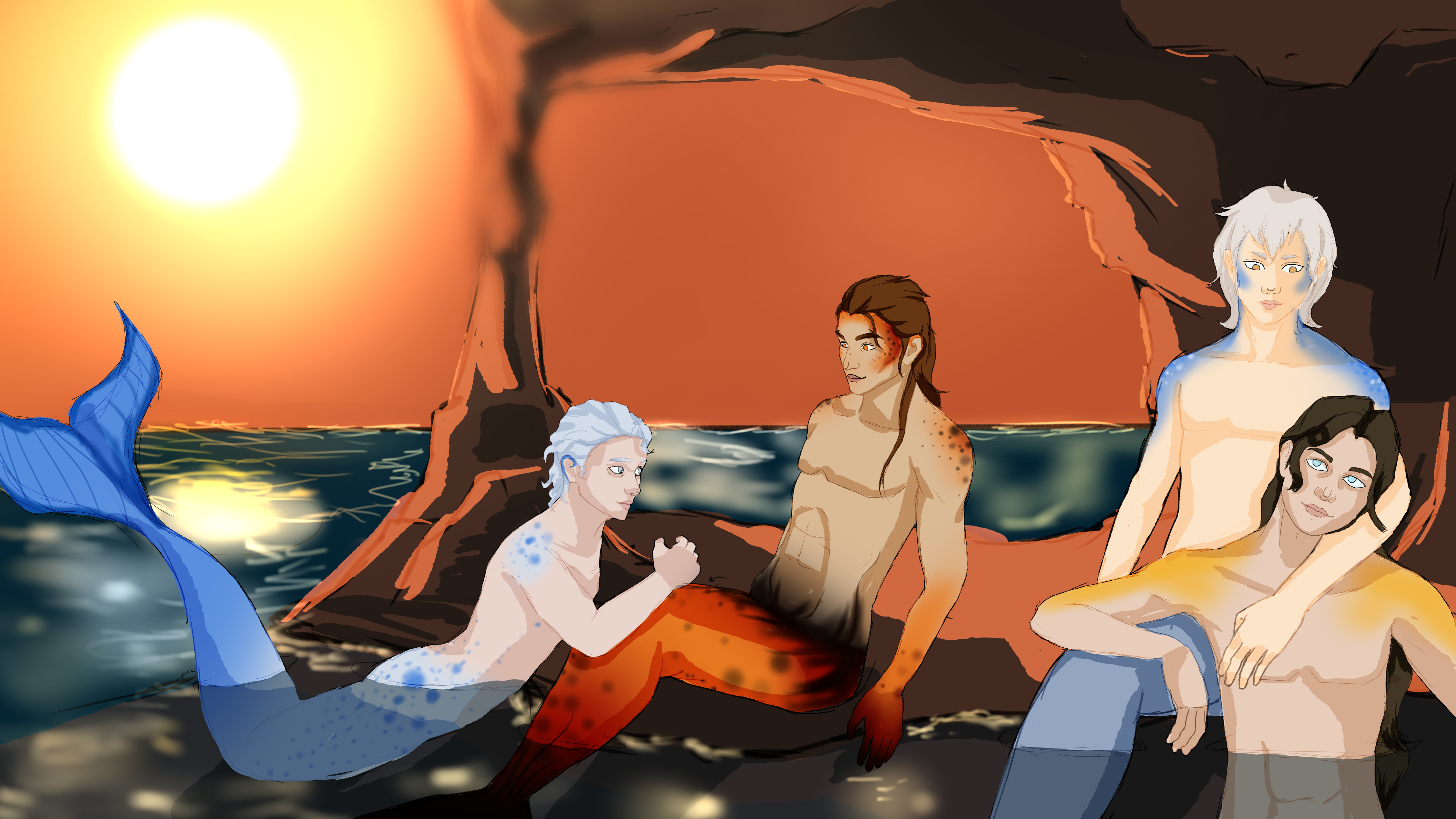 A digital painting of various mermaids lounging together near the water.
