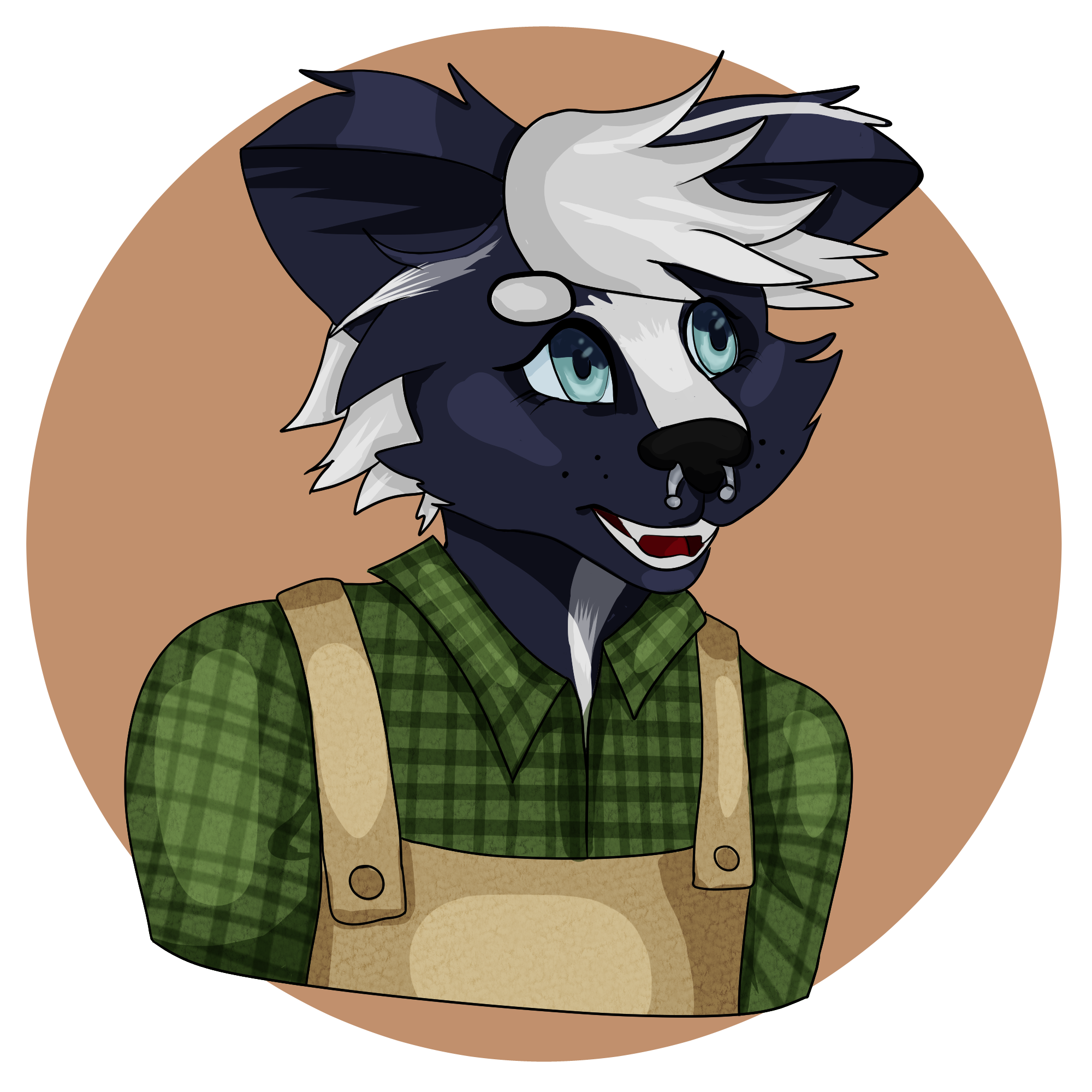 Digital art headshot of a skunk fursona.