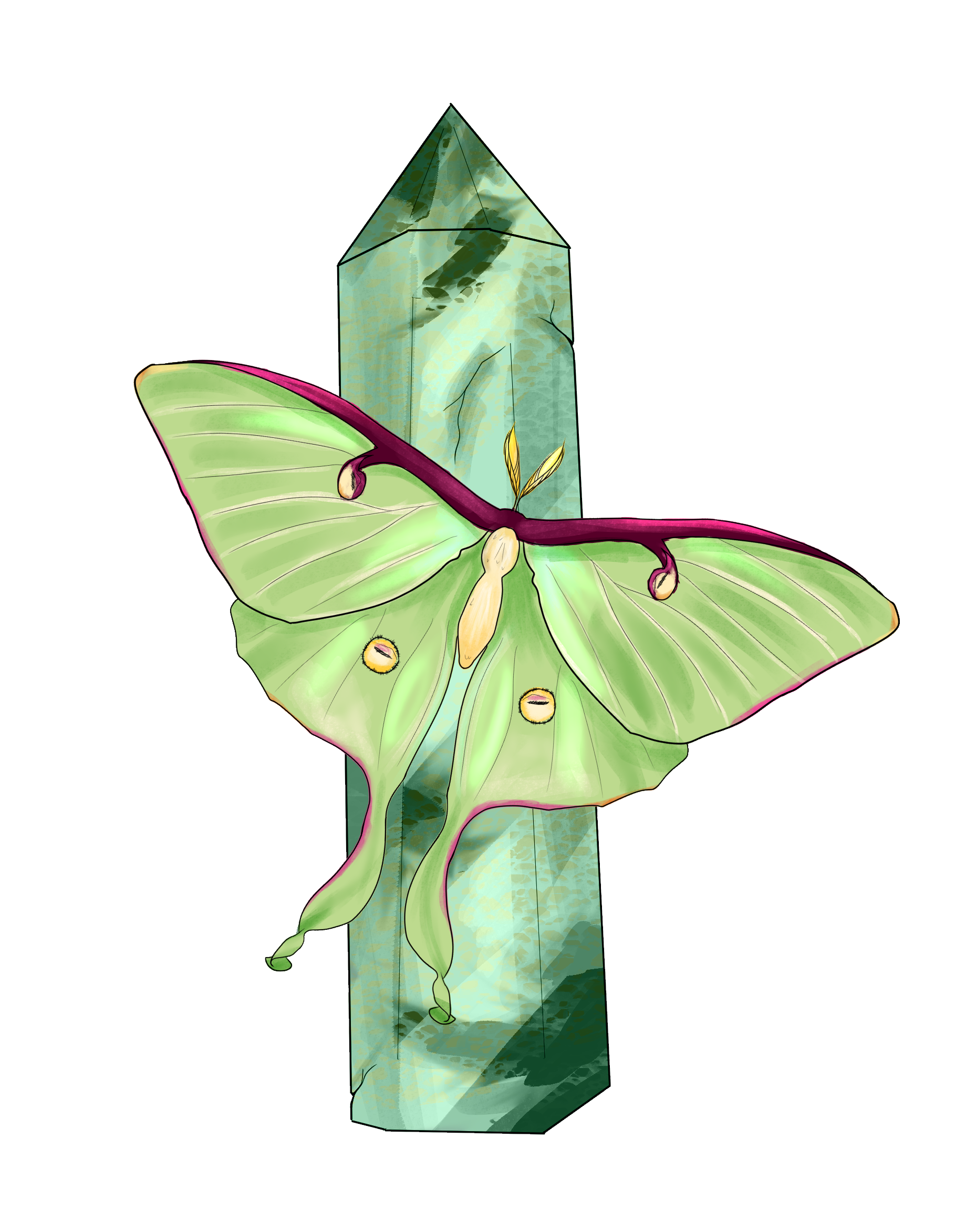 A sticker design of a luna moth on a moss agate crystal.