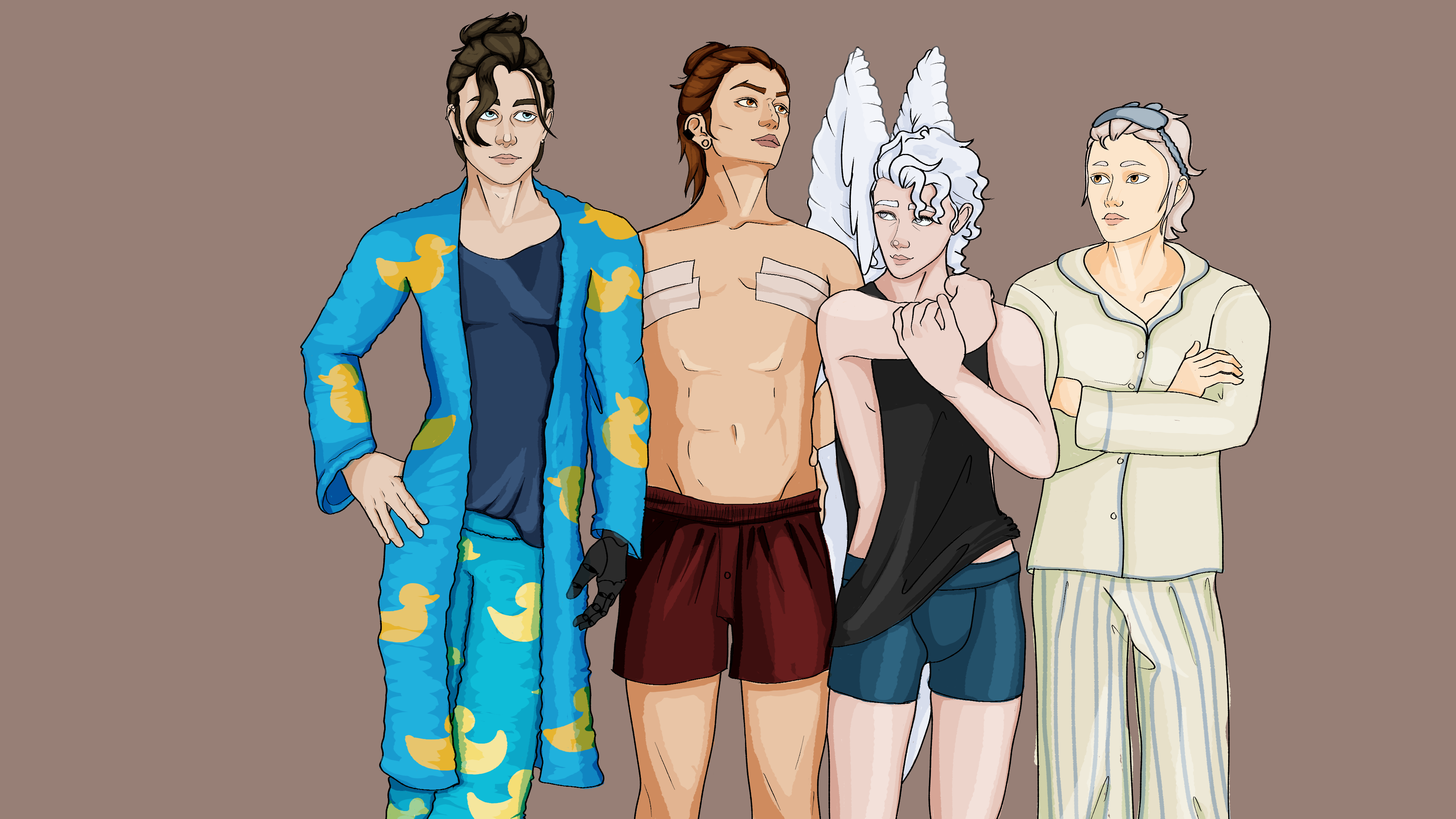 A digital concept of 4 different characters pajamas
