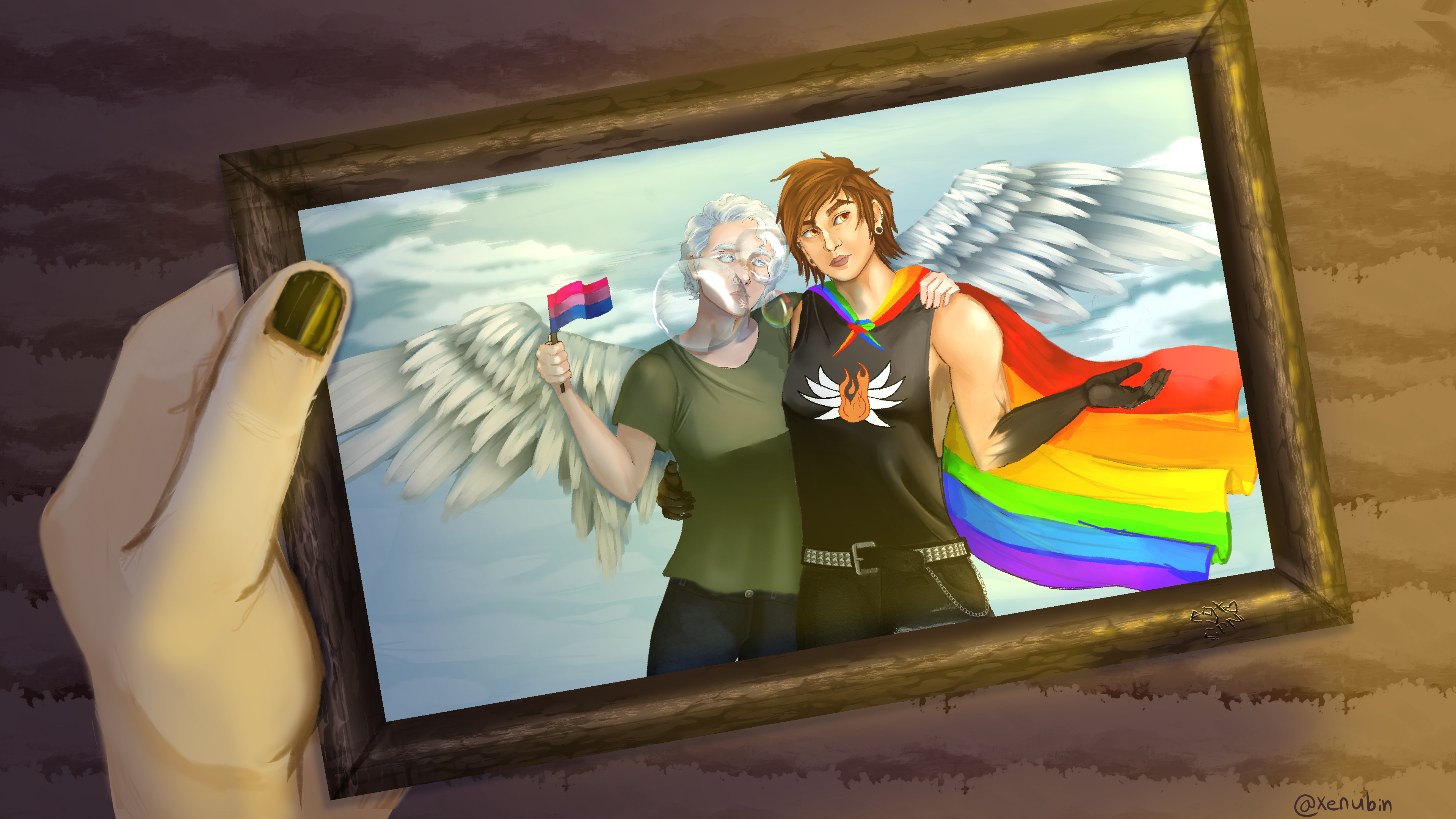 A digital portrait of 2 men, one with a bisexual pride flag and the other with the rainbow pride flag.