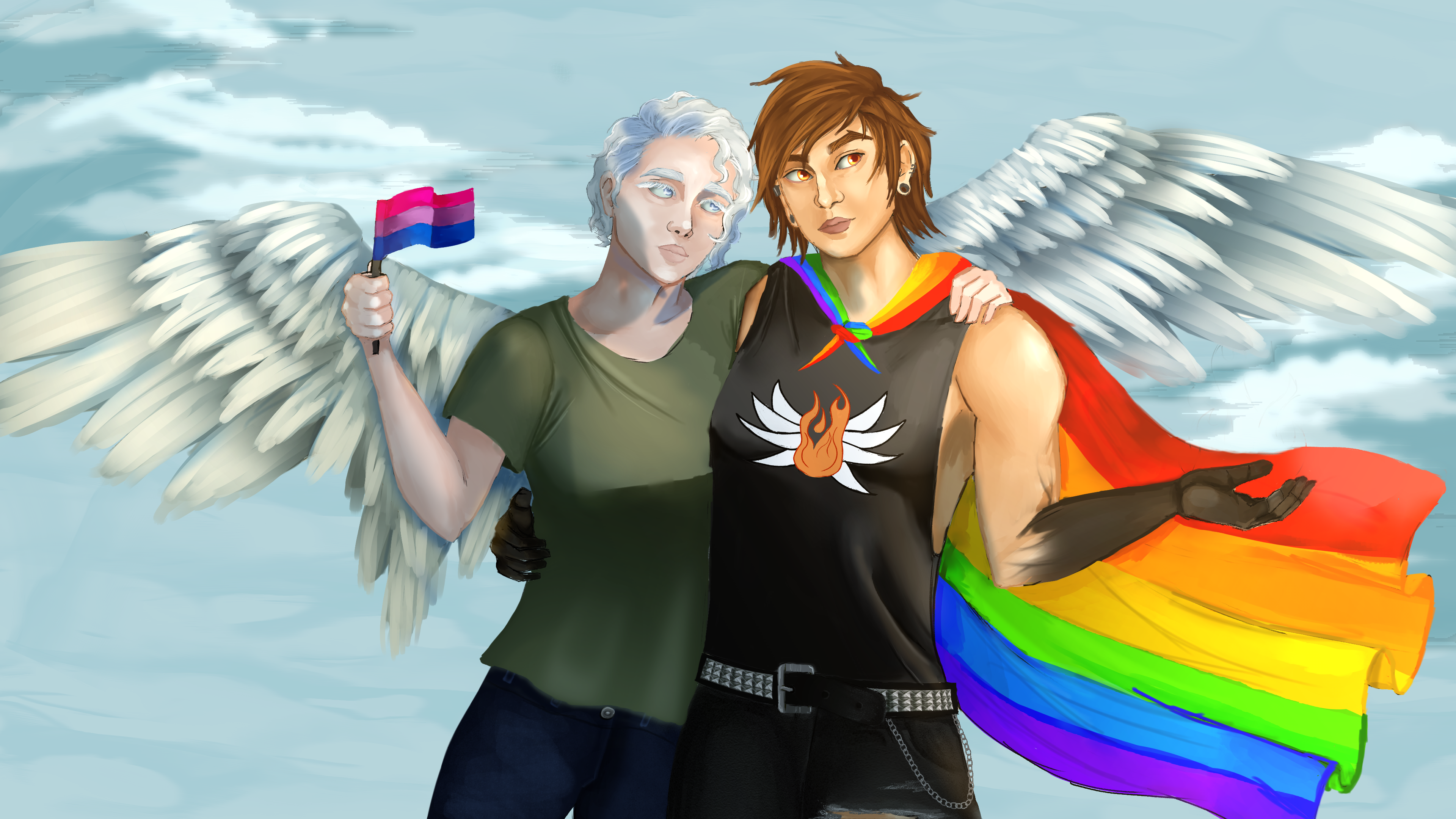 A digital portrait of 2 men, one with a bisexual pride flag and the other with the rainbow pride flag.