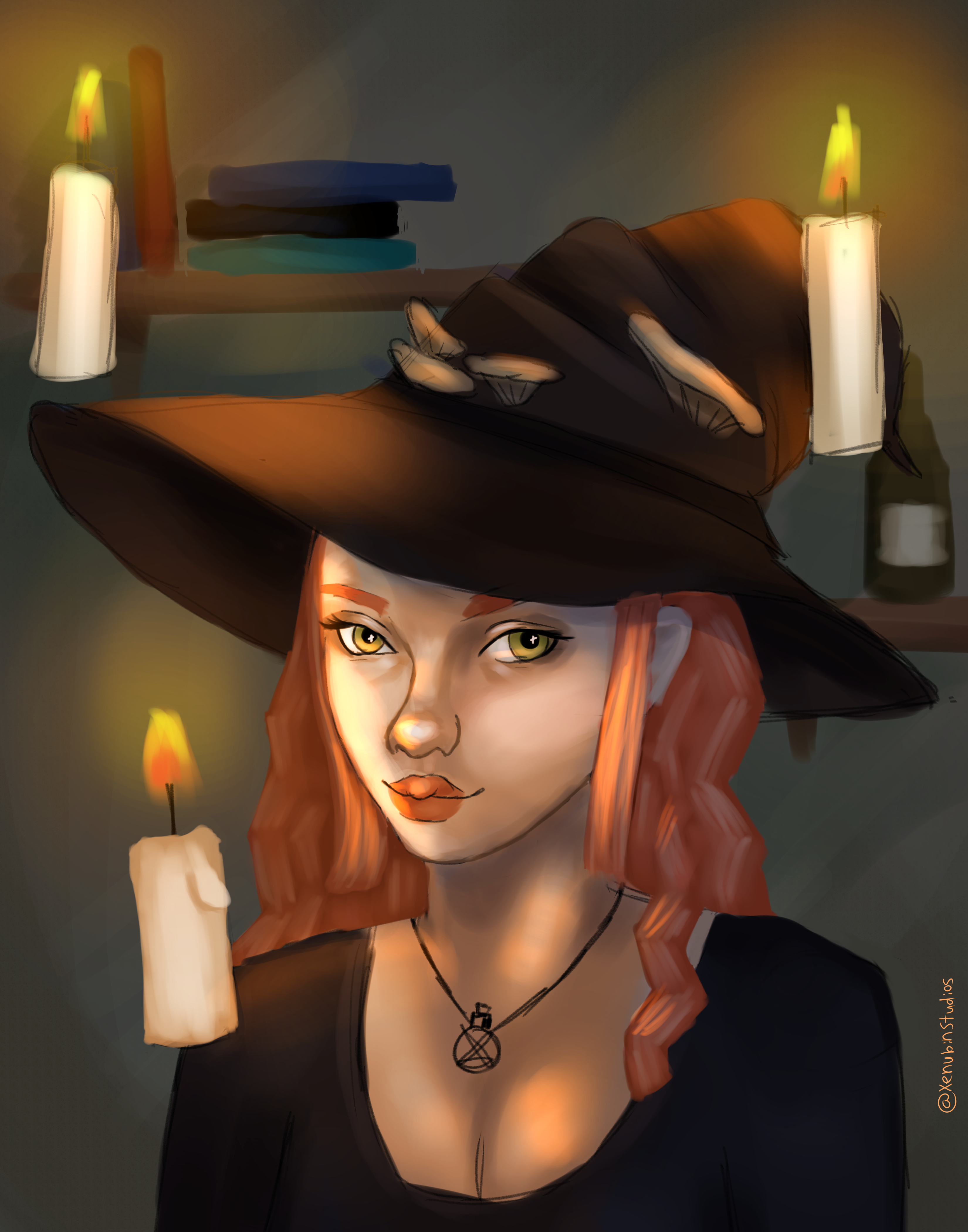A digital portrait of a woman with a witch hat and floating candles.